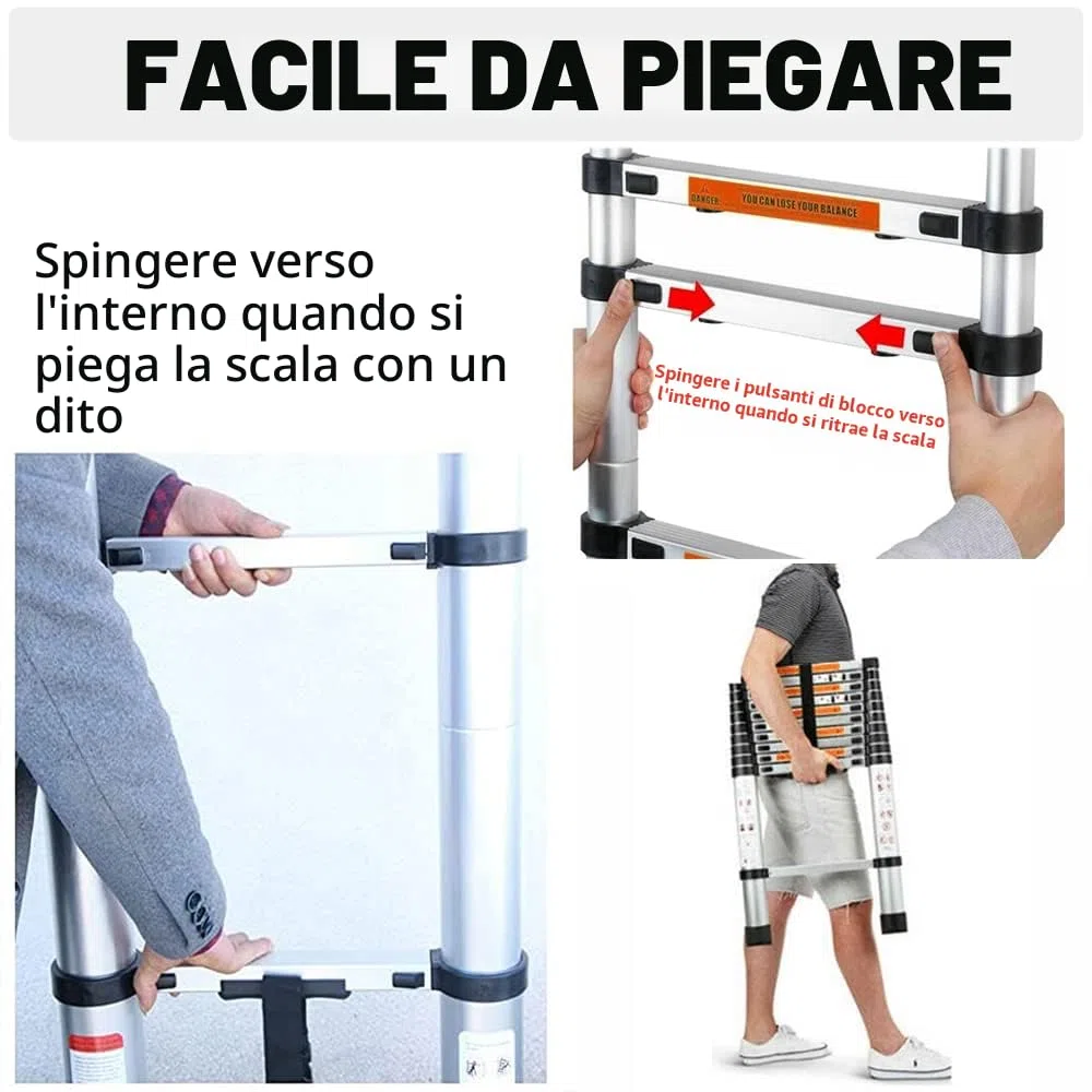 Scala telescopica in acciaio inox, 3,8 m, antiscivolo, allungabile, con 13 pioli, facile da trasportare, portata 150 kg