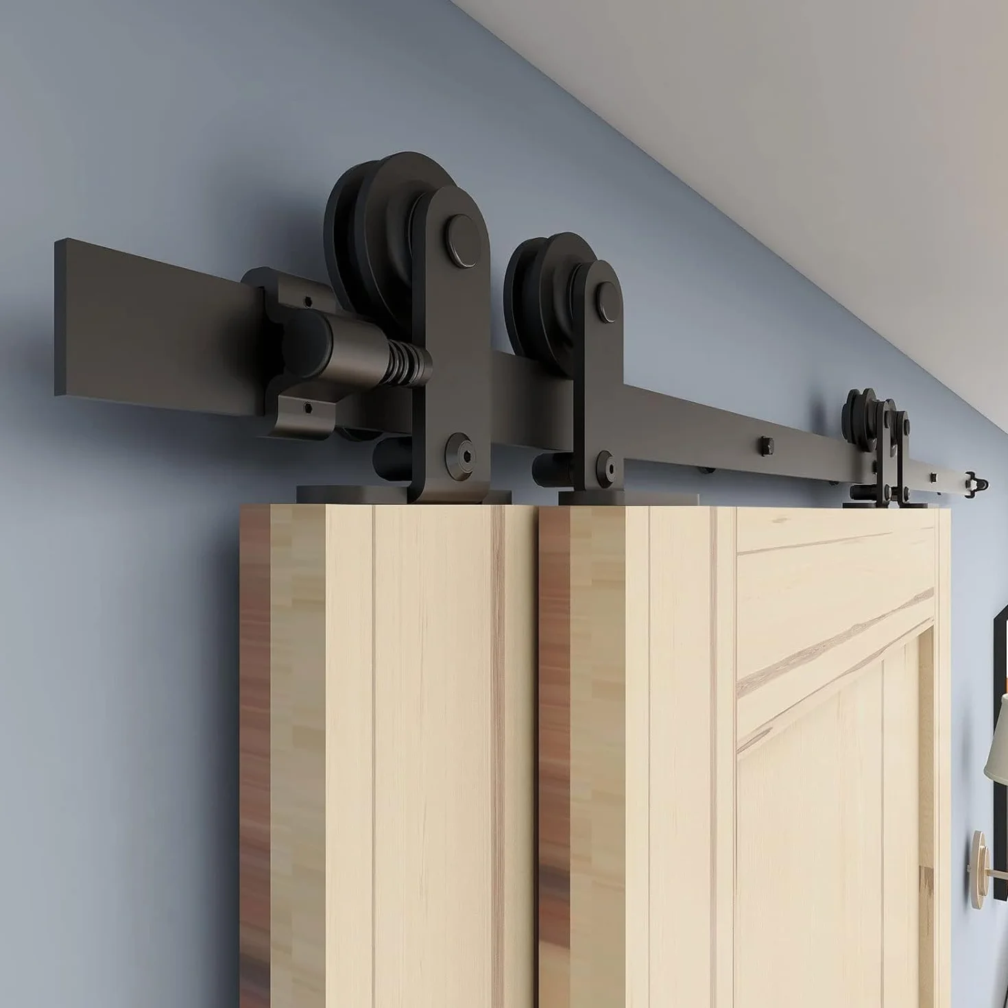 5FT/152CM Binario per Porta Scorrevole Kit per Coincide Doppia Porta Barn Bypass Sistema Nero Forma T