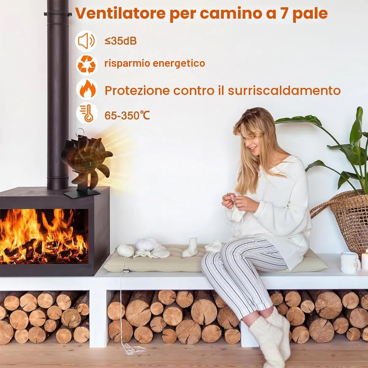 Ventilatore per Stufa a Legna: 7 Pale Ventola da Stufa Legna,Ventilatore Stufa con Termometro, Ecologico Calore Ventola Senza Elettricità Alimentato,Silenzioso Stufa a Pellet
