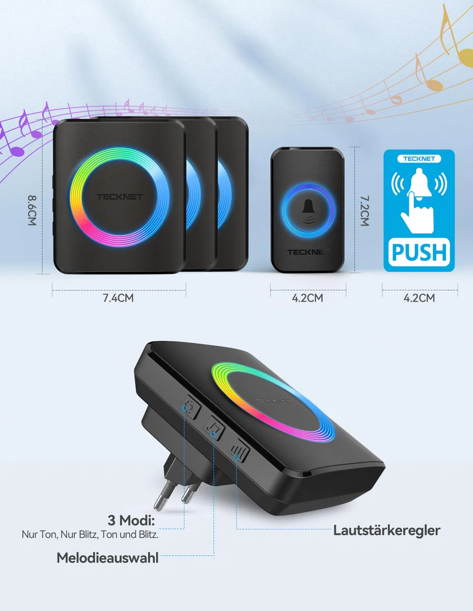 TECKNET Campanello Senza Fili Impermeabile IP65(1 Trasmettitore e 3 Ricevitore), Portata 400M, 5 Livelli Volume 60 Melodie, RGB Campanello Wireless Esterno, Nero