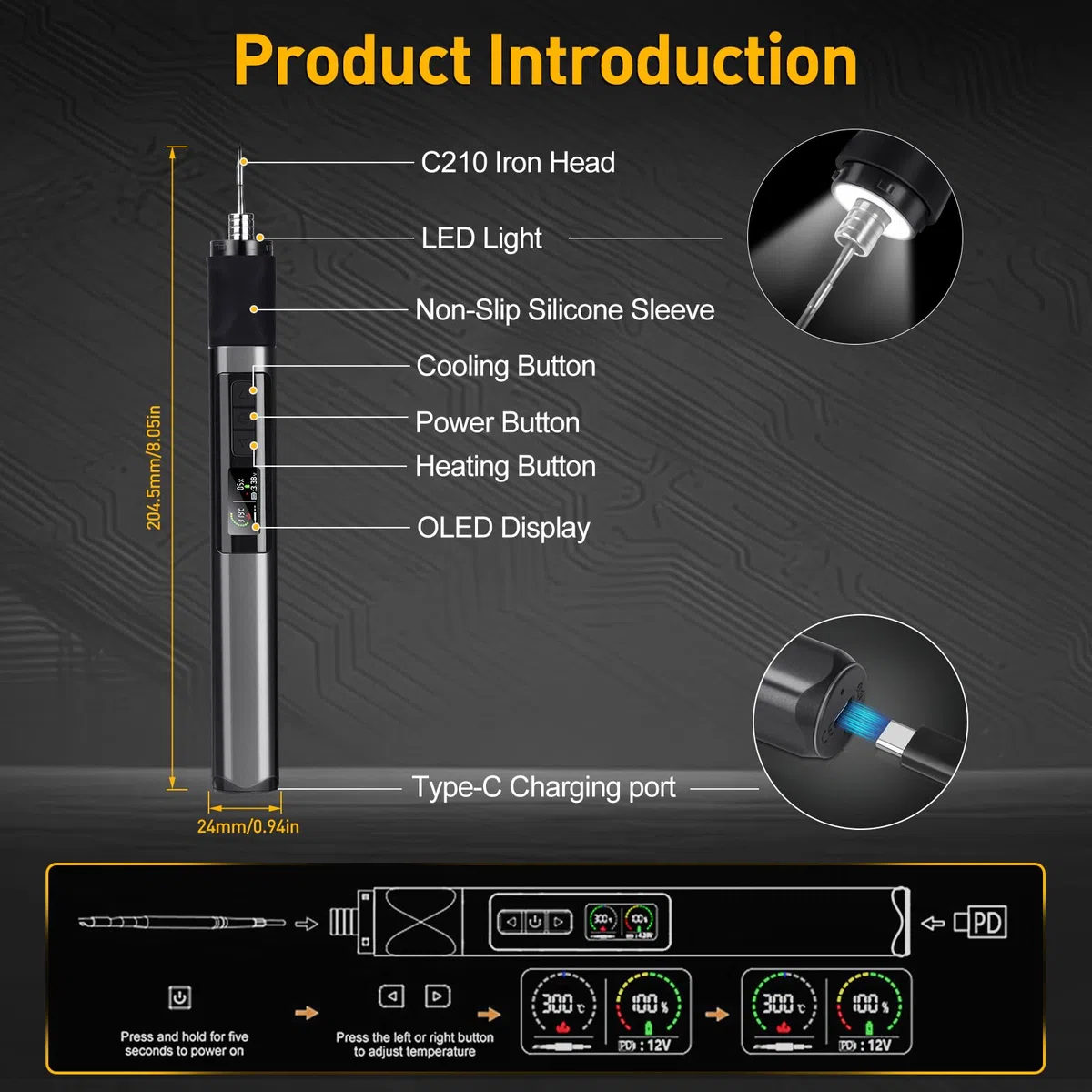 Saldatore USB da 75 W con luce LED, kit di saldatore senza fili 2S riscaldamento rapido, temperatura regolabile 150-480 ℃, Type-C e dock ricaricabile, display a LED, Auto Sleep per riparazione