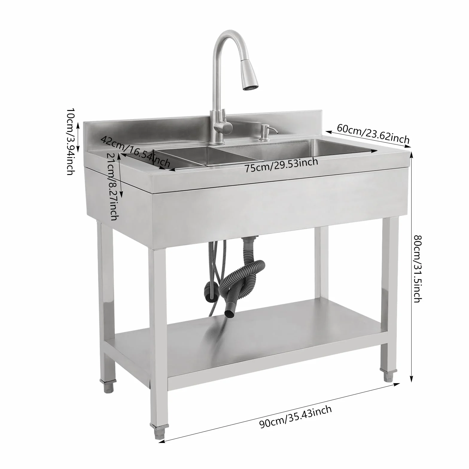 Lavello in acciaio INOX, lavandino da cucina a libera installazione, lavandino per bucato, 90x60x90 cm, lavandino singolo extra grande, lavandini commerciali con rubinetto estraibile e cestello