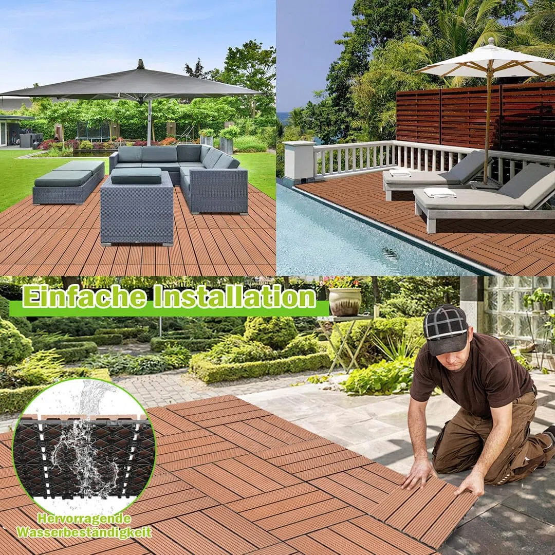 Gimisgu WPC - Piastrelle per terrazze, effetto legno, per balconi, terrazze, piastrelle a clic, in plastica, con drenaggio, per balcone e giardino, set da 55 pezzi, per 5 m², colore: marrone