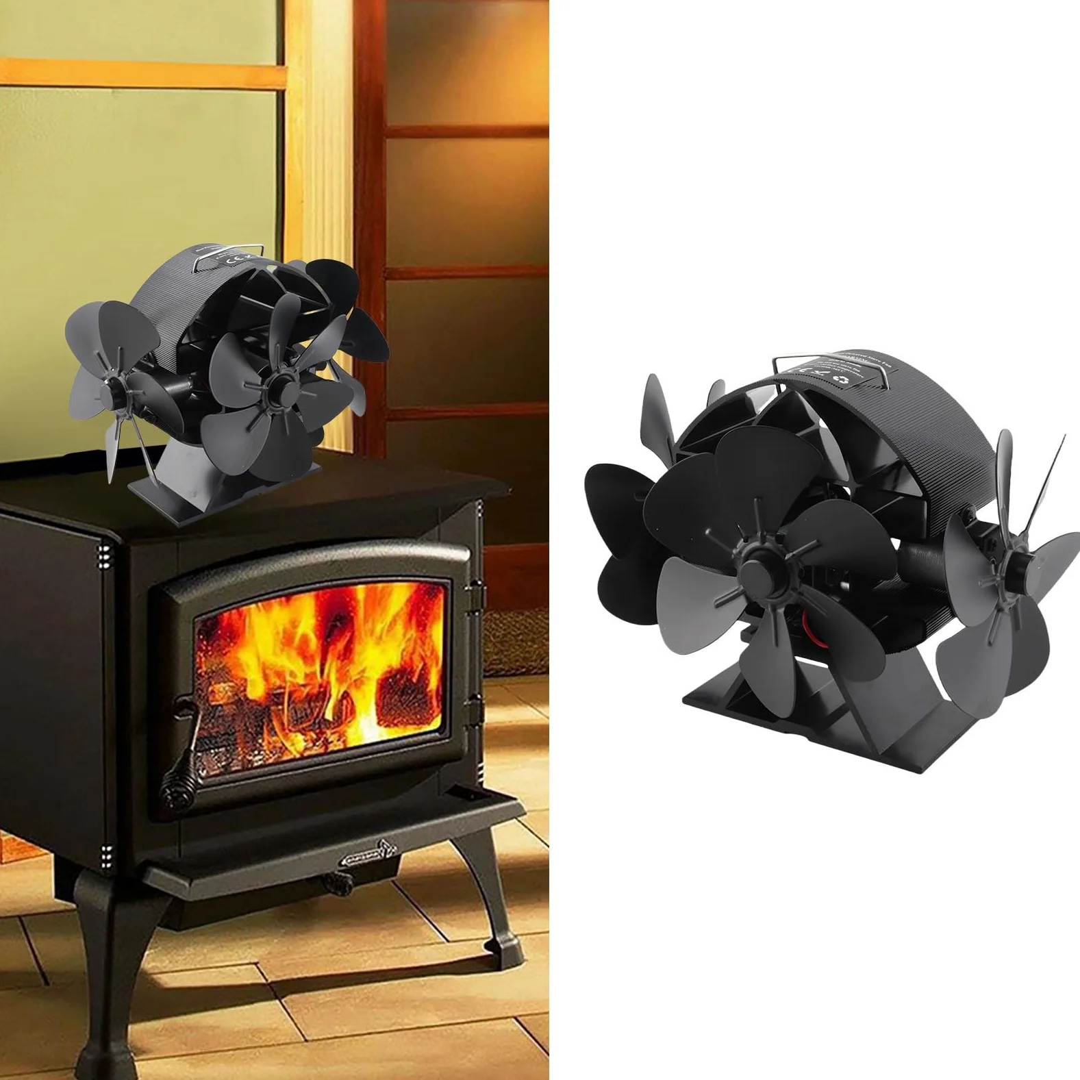 Agatige Ventilatore Oscillante per Stufa a Legna, Ventilatore per Stufa Alimentato a Calore 3 Teste 18 Lame Ventola per Camino Soffiante in Alluminio da 270 Gradi con Maniglia di