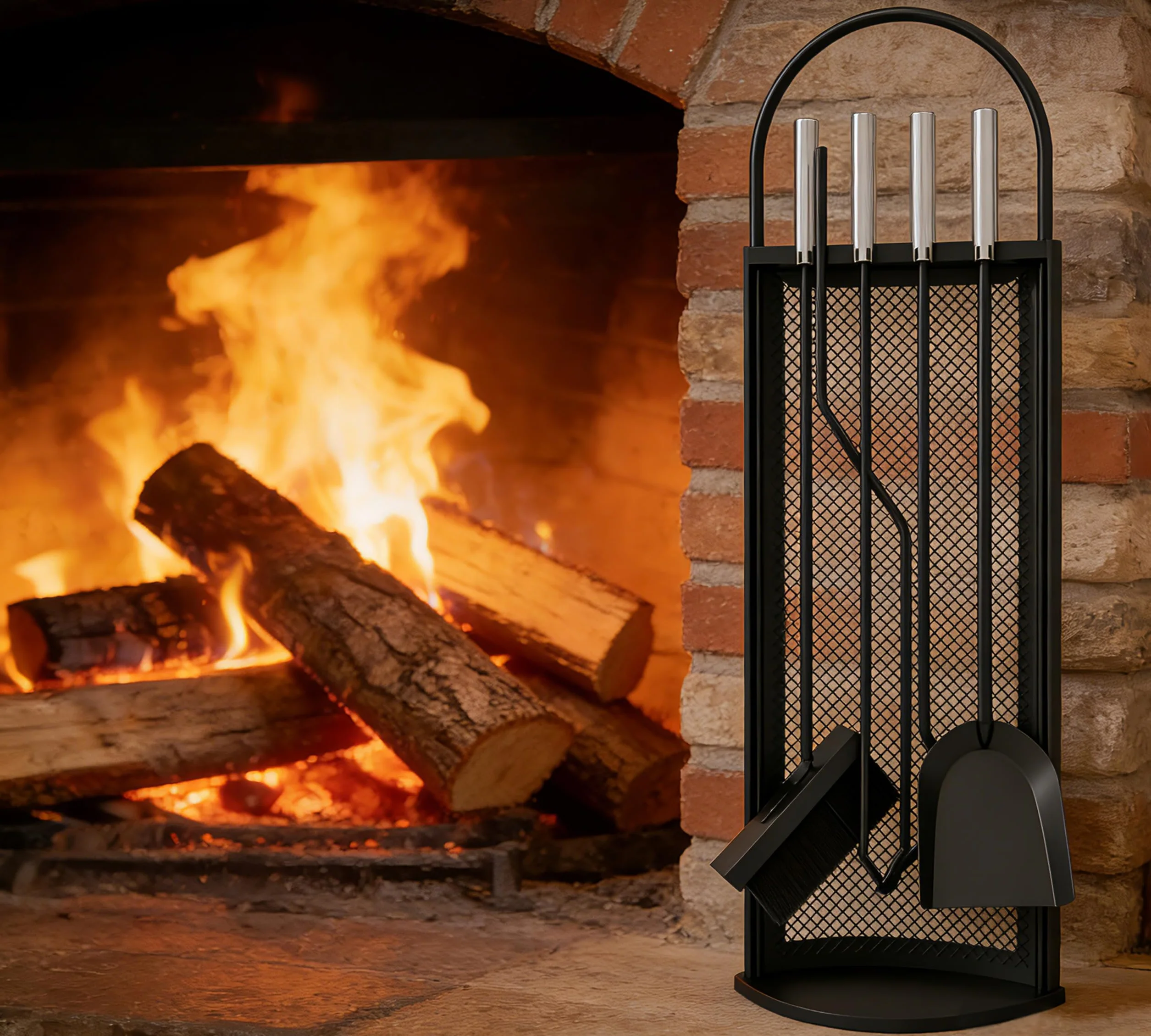 Kingson Set da Camino in 5 Pezzi con Manici in Acciaio INOX 22x16x67cm, Elegante e Resistente Kit di Accessori per Camino Nero