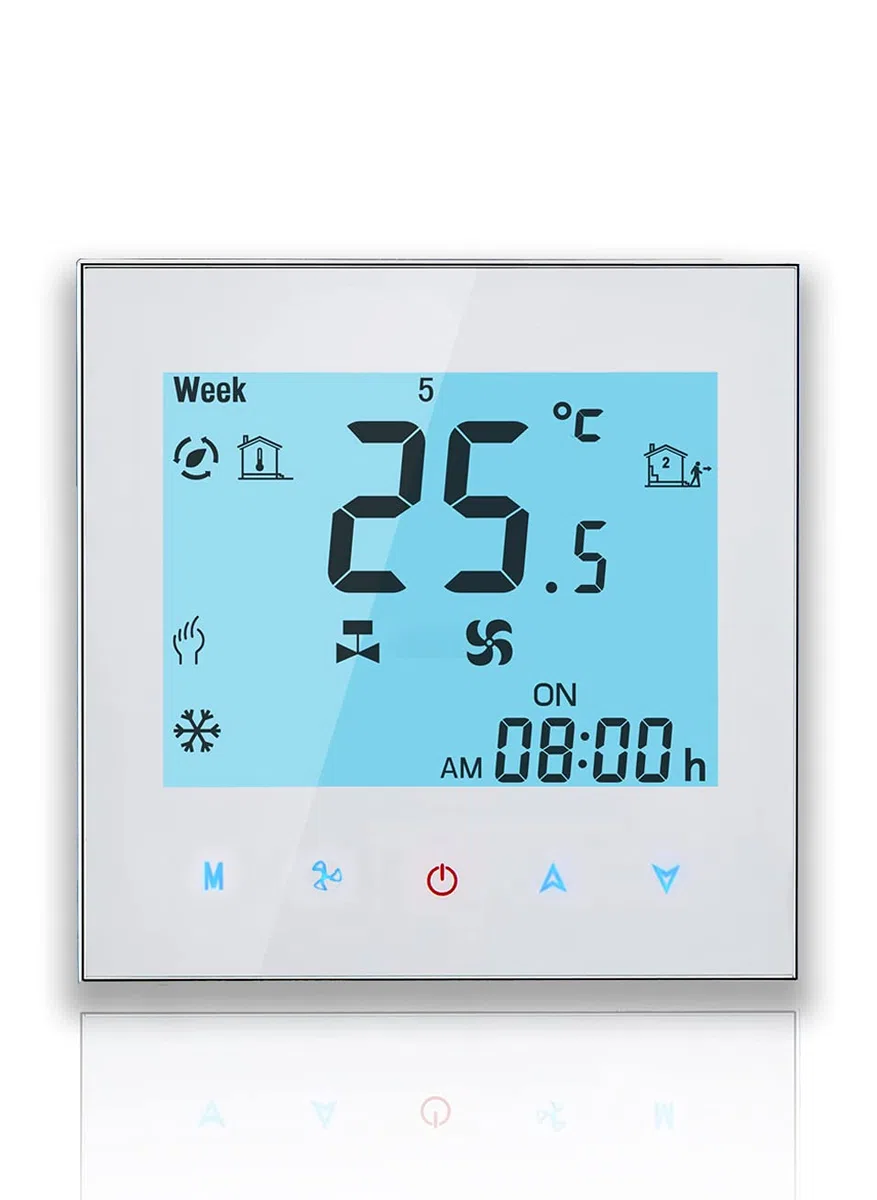 Serie 1000 Termostato WiFi 4 Tubi per Climatizzazione Fan Coil, Retroilluminazione Bianca con Supporto Intelligent Voice (Bianco)
