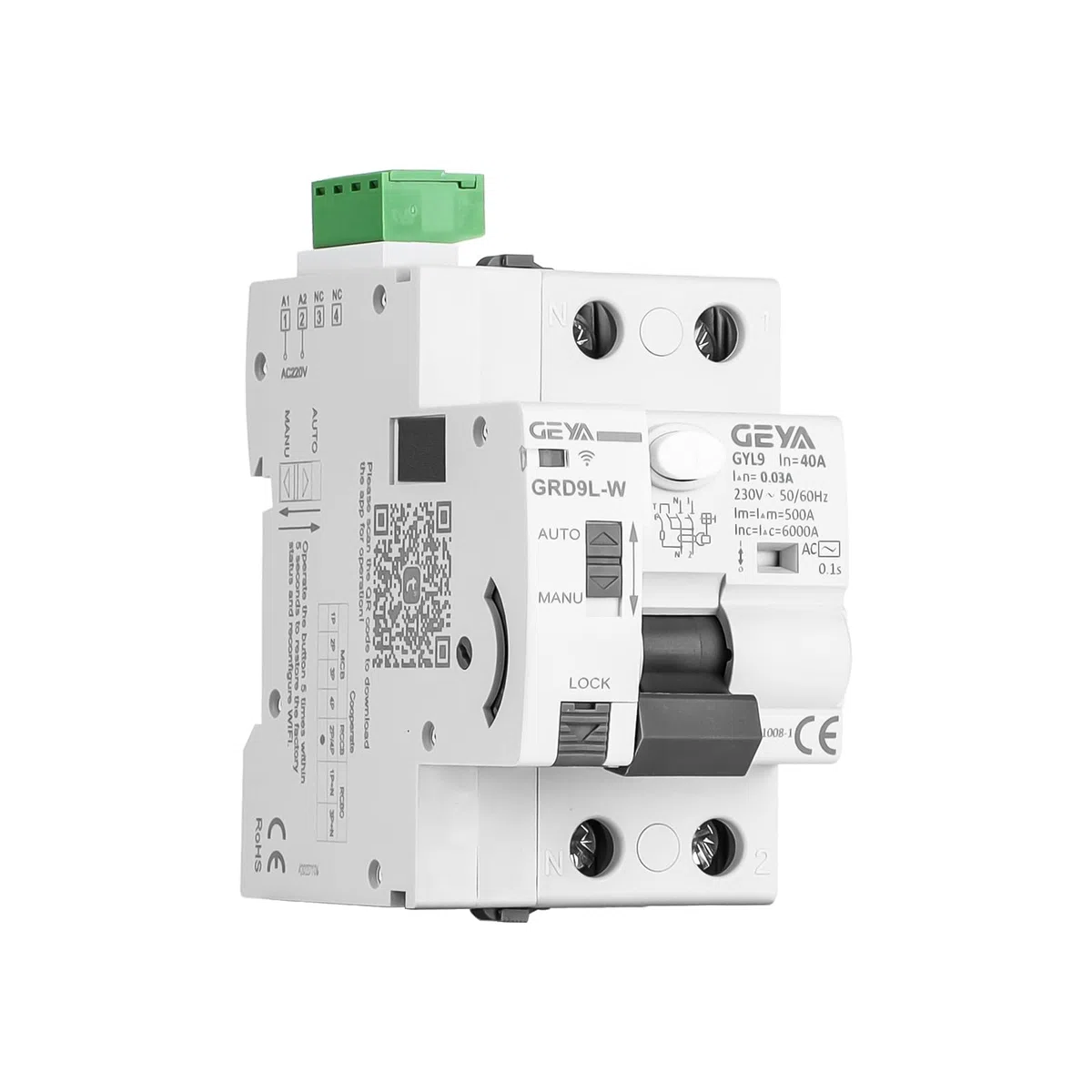 GEYA WiFi Interruttore Automatico con Chiusura Automatica Telecomandato 6KA ELCB RCCB RCD Dispositivo di Richiusura Automatica Vita Intelligente(GRD9L-W+Type AC GYL9-2P-40A-0.03A)
