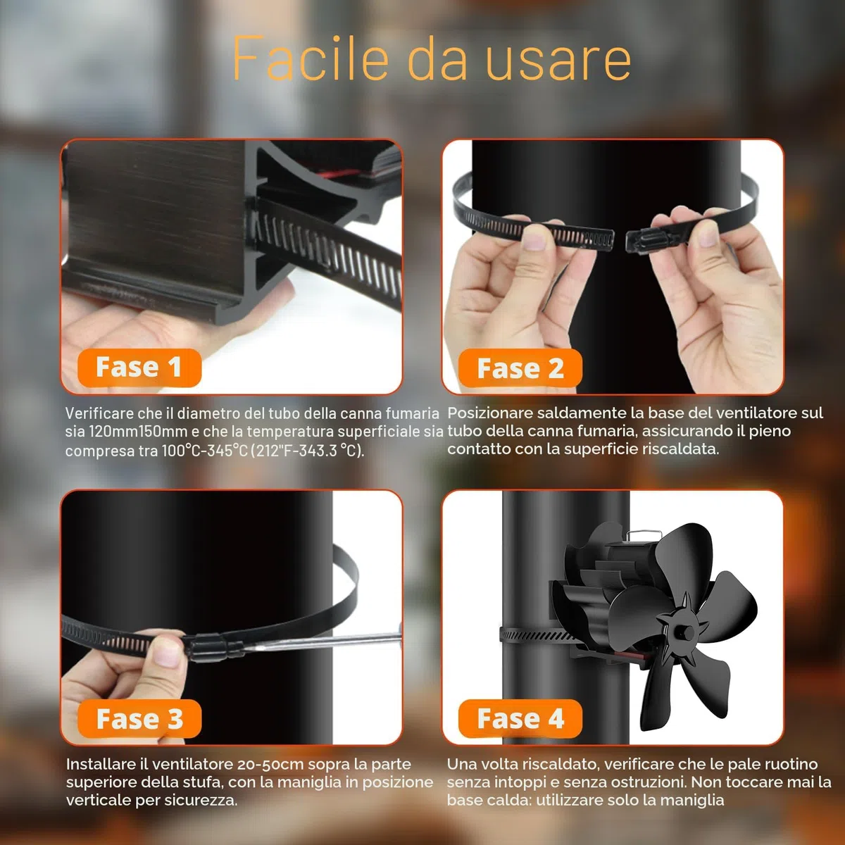 Ventola per Stufa a Legna, ventilatore magnetico a 5 pale, a risparmio energetico e silenzioso, Adatto per stufe a legna, caminetti e canne fumarie