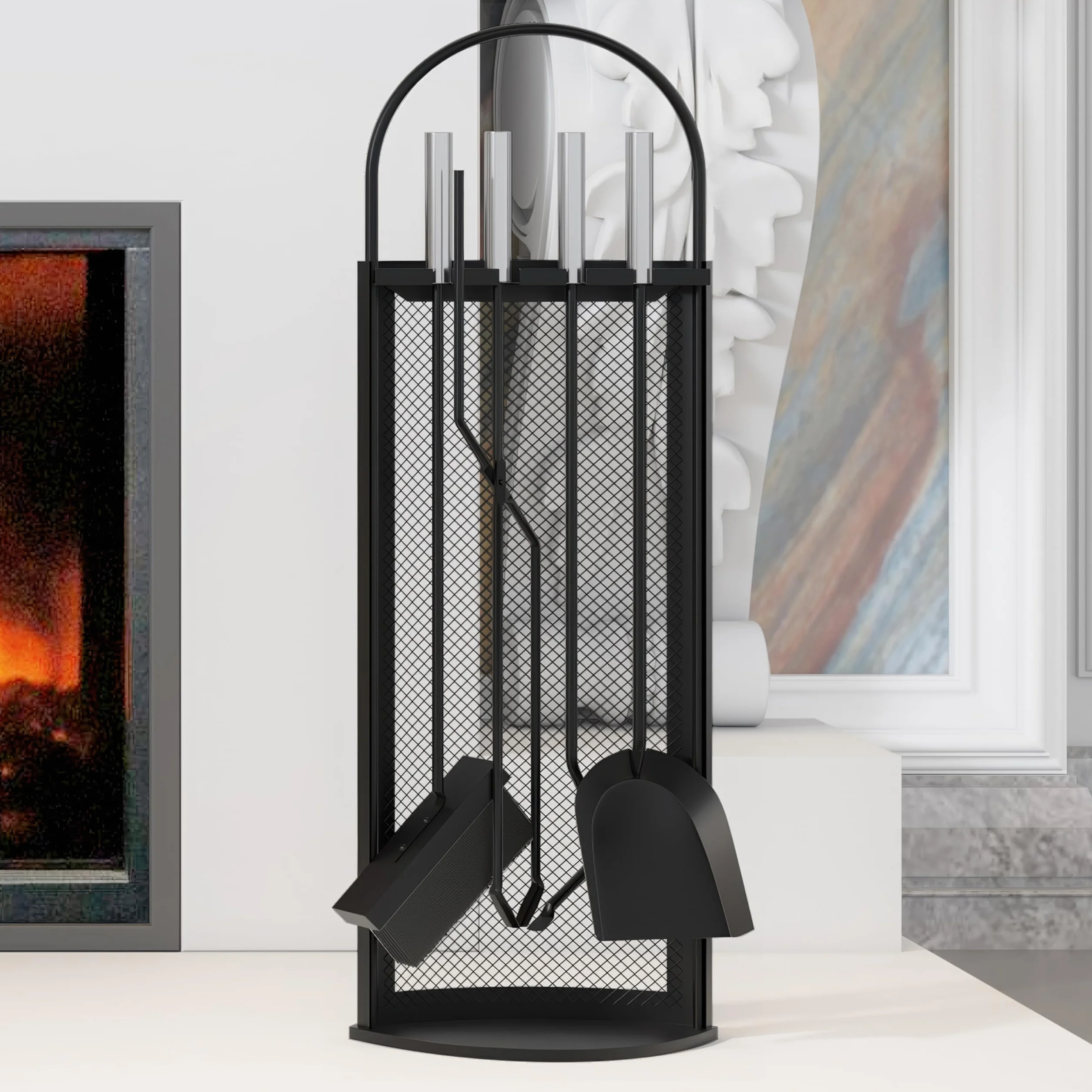 Kingson Set da Camino in 5 Pezzi con Manici in Acciaio INOX 22x16x67cm, Elegante e Resistente Kit di Accessori per Camino Nero