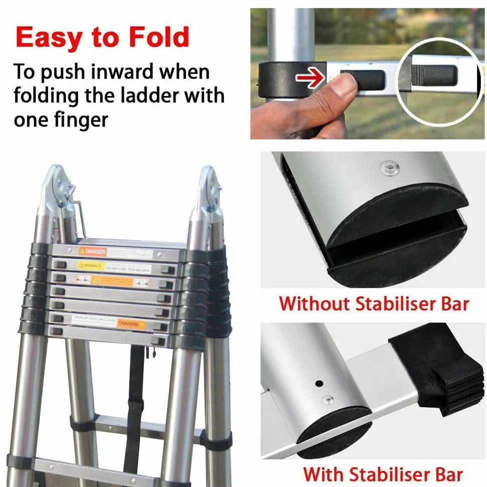Scala telescopica con stabilizzatore, 5 m (2,5 m + 2,5 m), scala pieghevole ad A, in acciaio inox di alta qualità, scala allungabile, scala multiuso, portata 150 kg