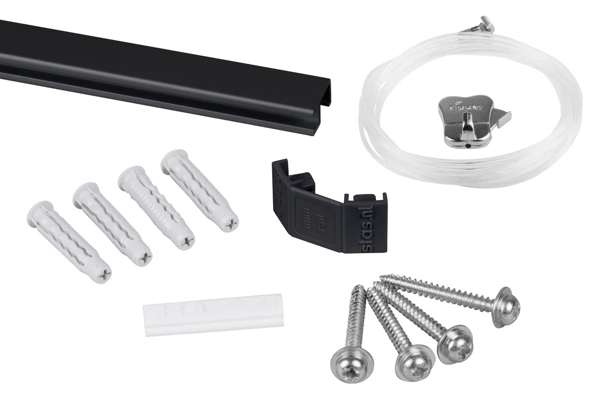 Binari per appendere quadri, Alluminio / 200cm (2x 100cm) STAS Minirail - Sistema per appendere quadri, Set completo con ganci e corde