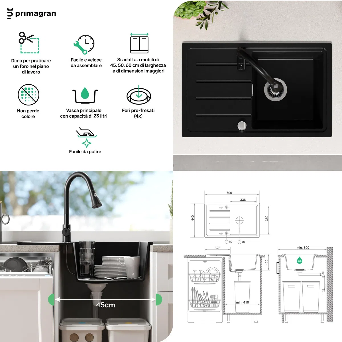 PRIMAGRAN Lavandino da Cucina Nero 70x44cm, Lavello in Granito a 1 vasca + Rubinetto 32x20cm + Set di accessori, Lavabo da Cucina Incasso al Mobile 45cm - Copenhagen Easy S045