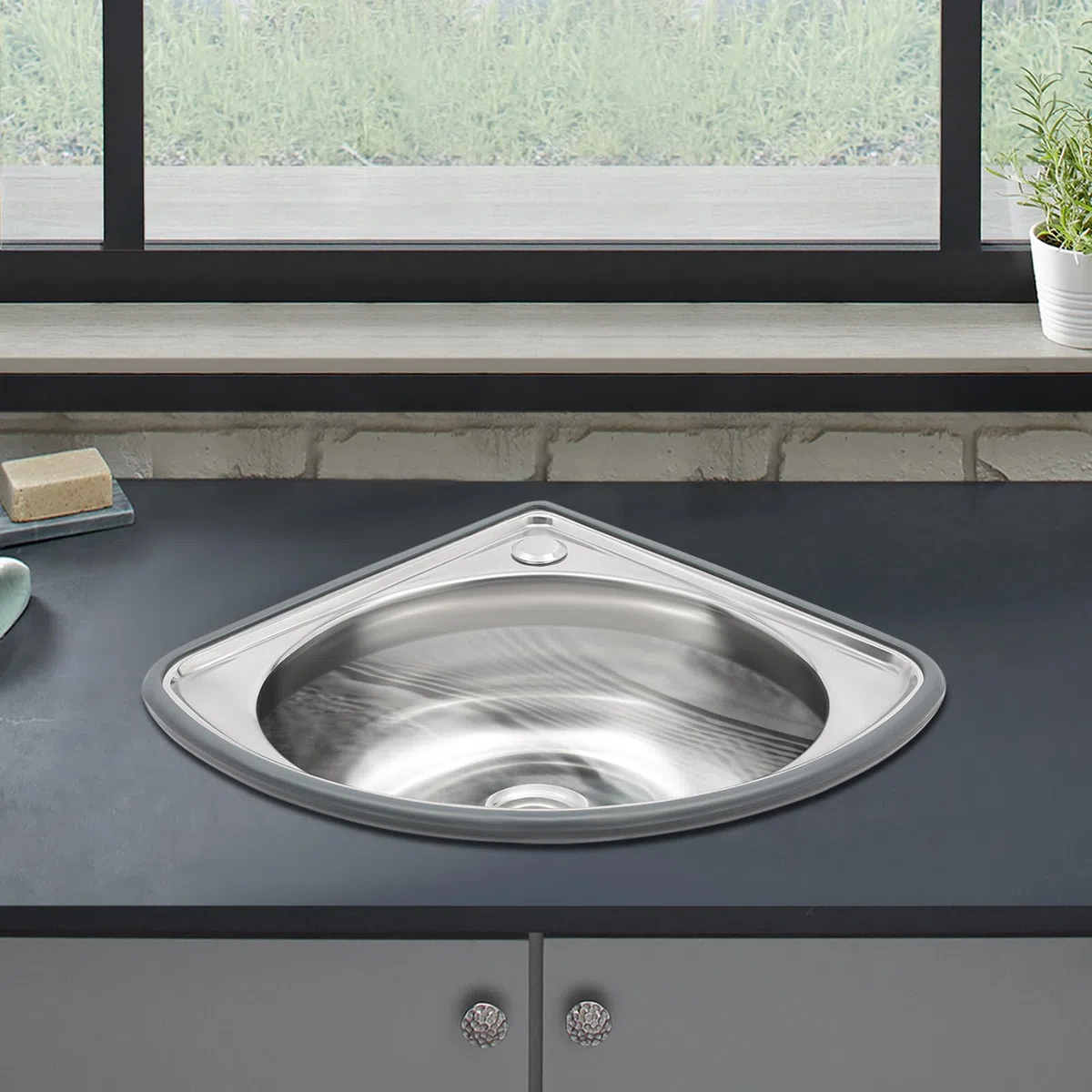 Piccolo lavabo da parete per bagno, lavabo angolare triangolare, mini lavandino ad angolo in acciaio inox per camper e piccoli spazi, 17 x 14,5 pollici, lavabo triangolare argentato con e