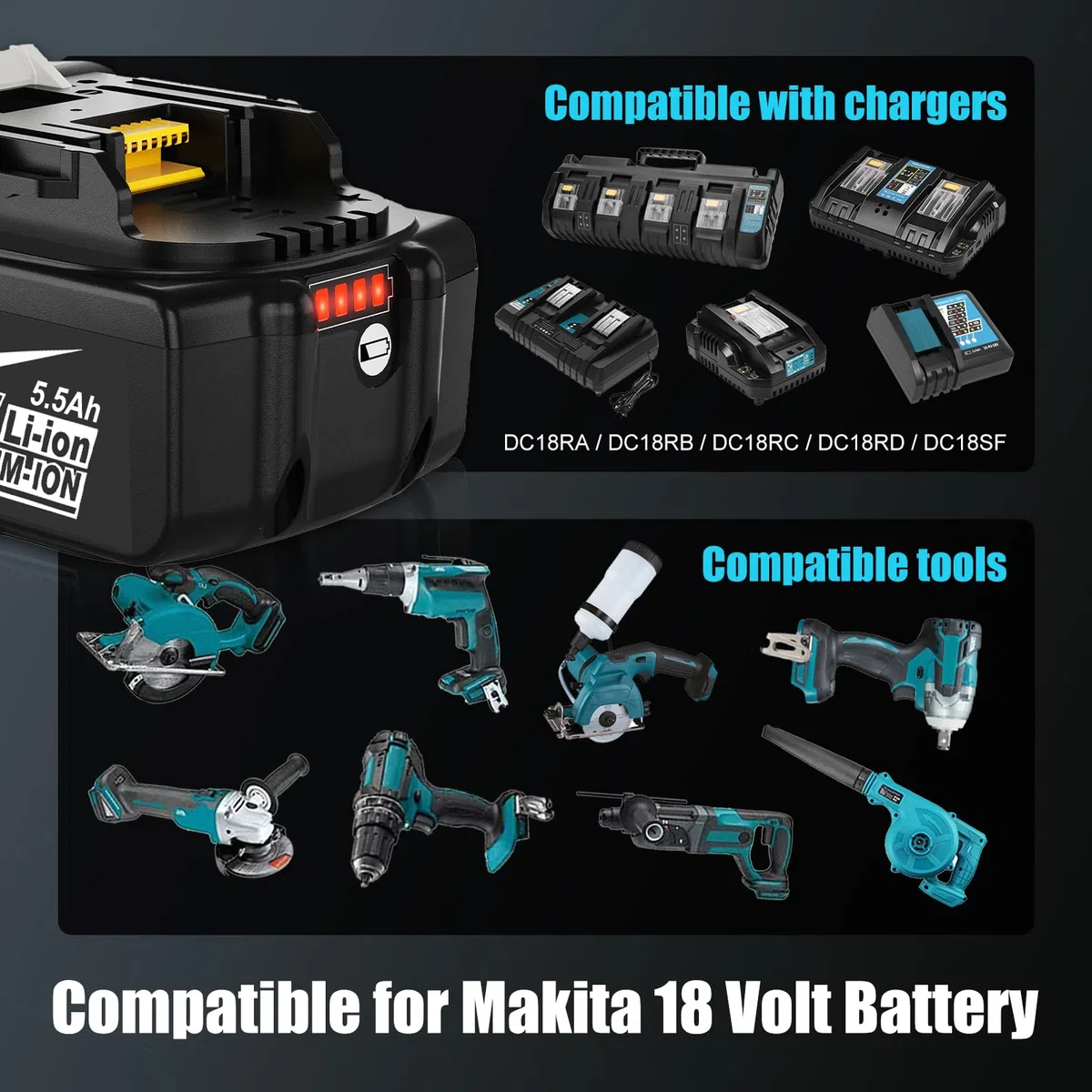 18V 5,5Ah BL1850B Sostituzione per Makita batteria+ caricabatteria, compatibile per Makita 14,4V~18V BL1860B BL1850B BL1840 BL1430 BL1415 e caricabatteria DC18RA DC18RCT DC18R (blue+black)