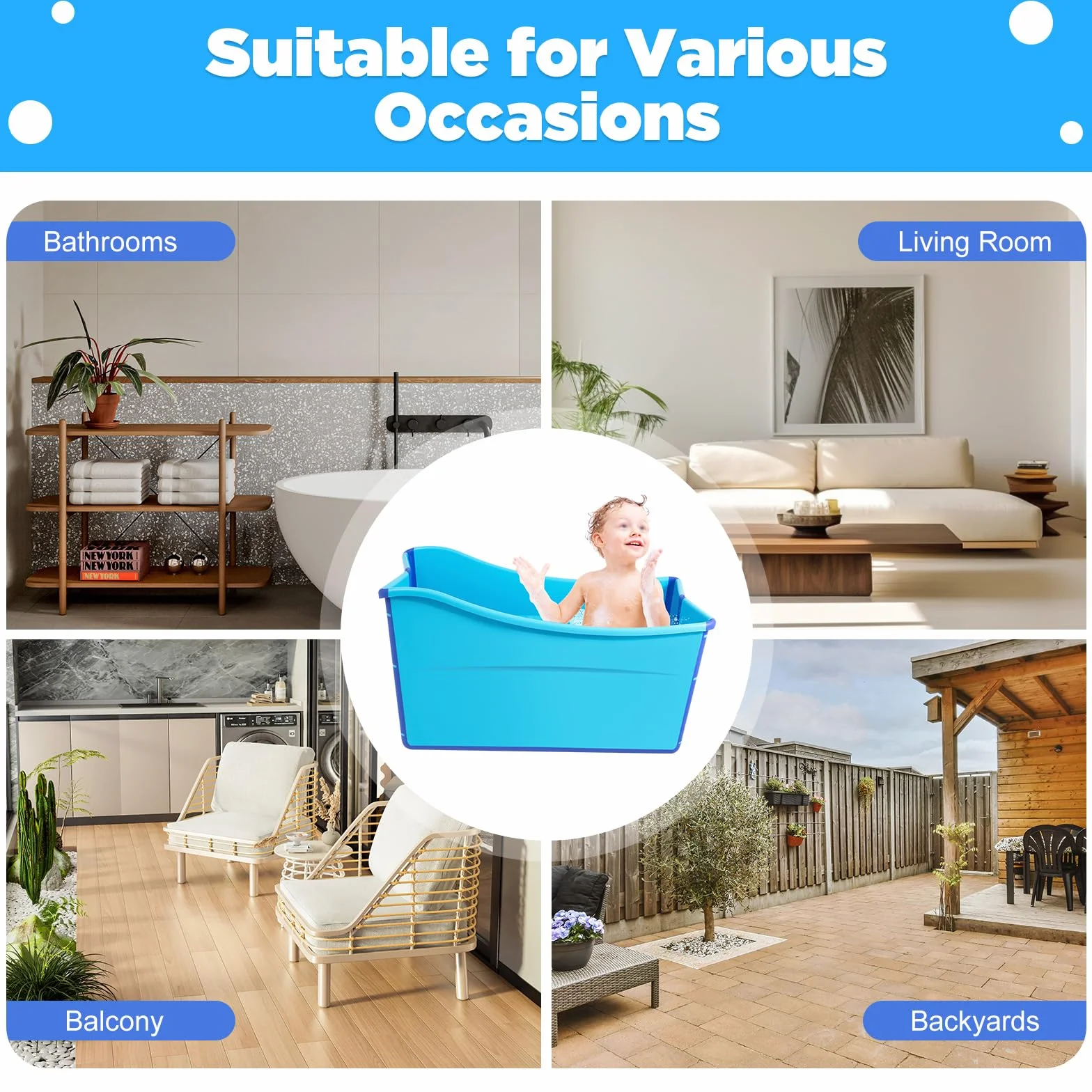 Vasca da bagno pieghevole per adulti, 98 x 50 x 56 cm, colore: blu, grande famiglia, vasca da bagno, in plastica, per doccia, sauna