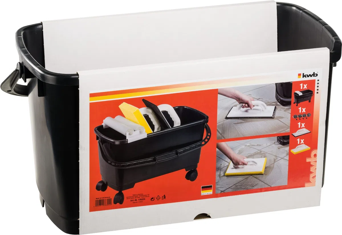 KWB 1783-24 Set di lavaggio per piastrellisti Profi 3 pezzi - secchio di lavaggio da 24 l incl. doppio rullo compressore, spugna in gomma cellulare, 1x tavola di pulizia con supporto per spugna idraulica, rulli di trasporto, Made in Germany