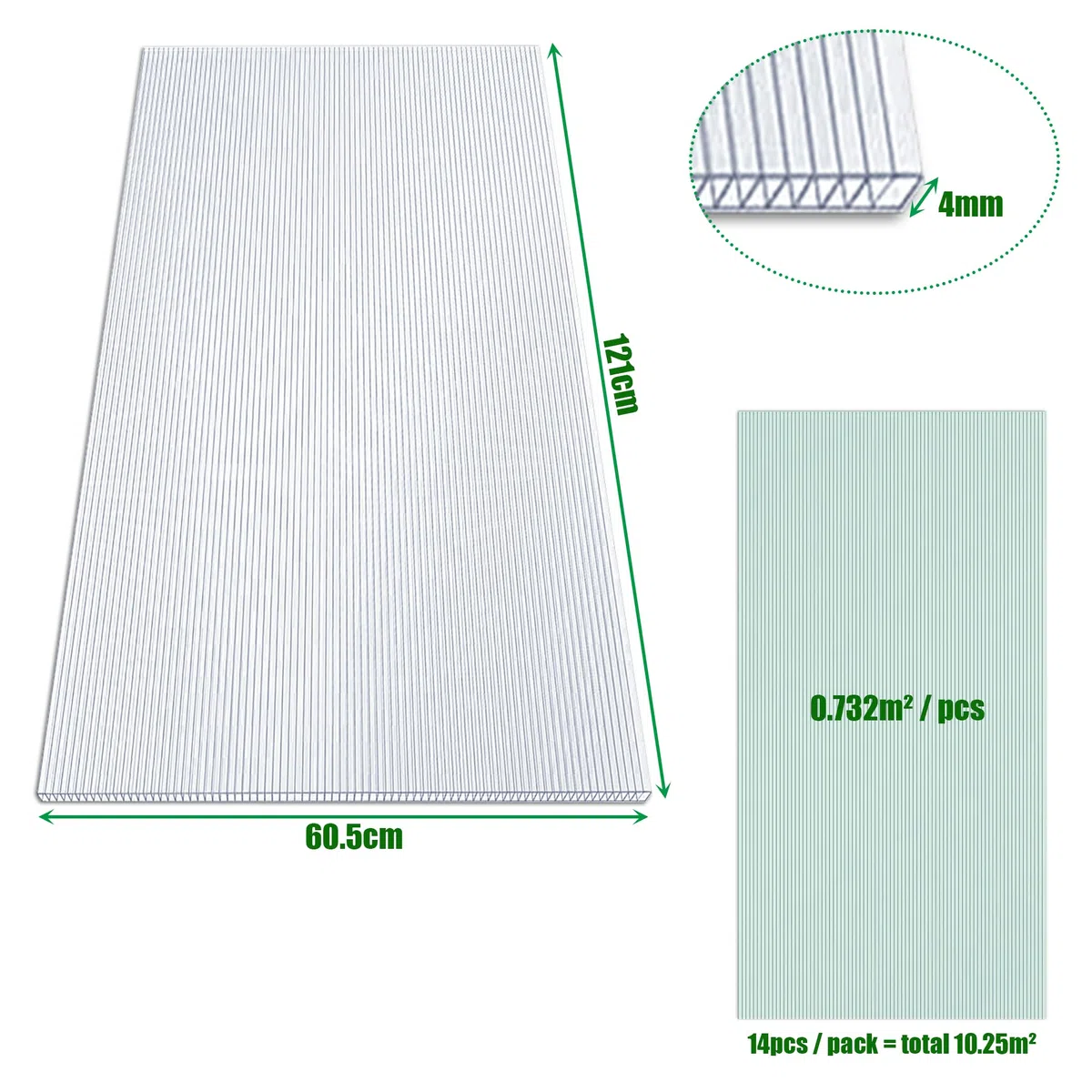 Set di lastre alveolari da 4mm trasparenti 14x, lastre in policarbonato a camera cava, totali 10,25m², lastre per serra resistenti ai raggi UV, taglio possibile, lastre a doppio stego per la