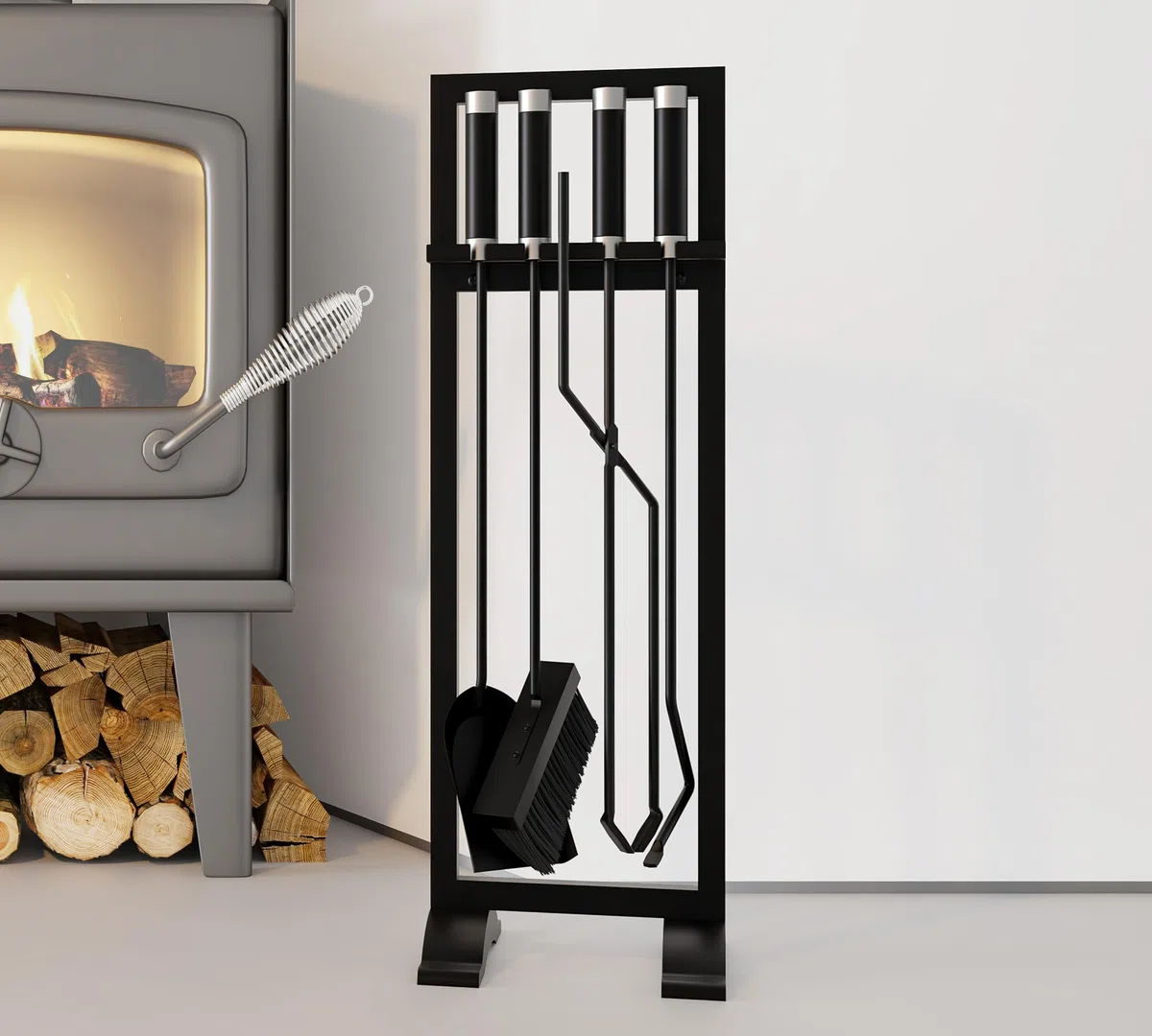 Kingson – Set di accessori per caminetto, 4 pezzi, include attizzatoio, pala, spazzola e pinze – 61 cm, attrezzi per focolare con manici in acciaio inossidabile e ferro – Supporto nero moderno