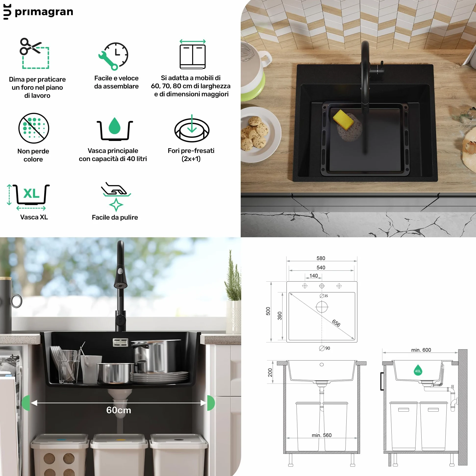 PRIMAGRAN Lavello da Cucina Tutto Grigio 58x50cm, Lavandino in Granito a 1 vasca + Sifone Classico, Lavabo da Cucina Incasso al Mobile 60cm - Riga S313