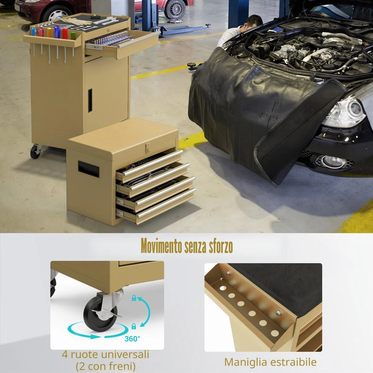 SOARS Carrello Porta Attrezzi con Ruote, 5 Scomparti, 2 Ripiani, Porta Attrezzi da Lavoro Rimovibile & Carrello Inferiore, Bloccabile, 59 X 28 X 102 CM, per Garage, Officina, Casa (Giallo)