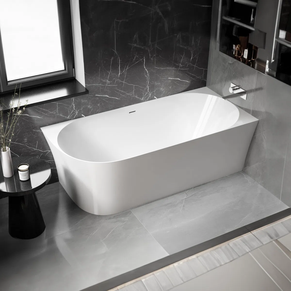 Vasca da bagno freestanding NOVA SLIM LINE - bianco lucido - installazione a destra - Senza rubinetteria, Senza sistema di drennaggio, 150 x 78 cm