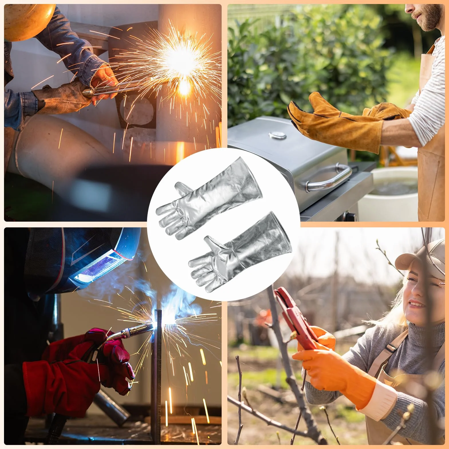 QUARKZMAN 2 Coppie di Guanti da Saldatura Aluminizzati A333-1 16" Guanti da Barbecue Resistenti al Fuoco e al Calore con Maniche Lunghe per Saldatura Camino Forno Cottura Giardino