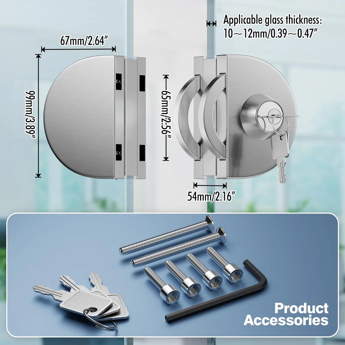 Serratura per porta in vetro senza fori, finitura spazzolata in acciaio inox 304,con chiave e pomello,compatibile con vetro temperato da 10-12 mm,installazione rapida,design moderno anti-effrazione.