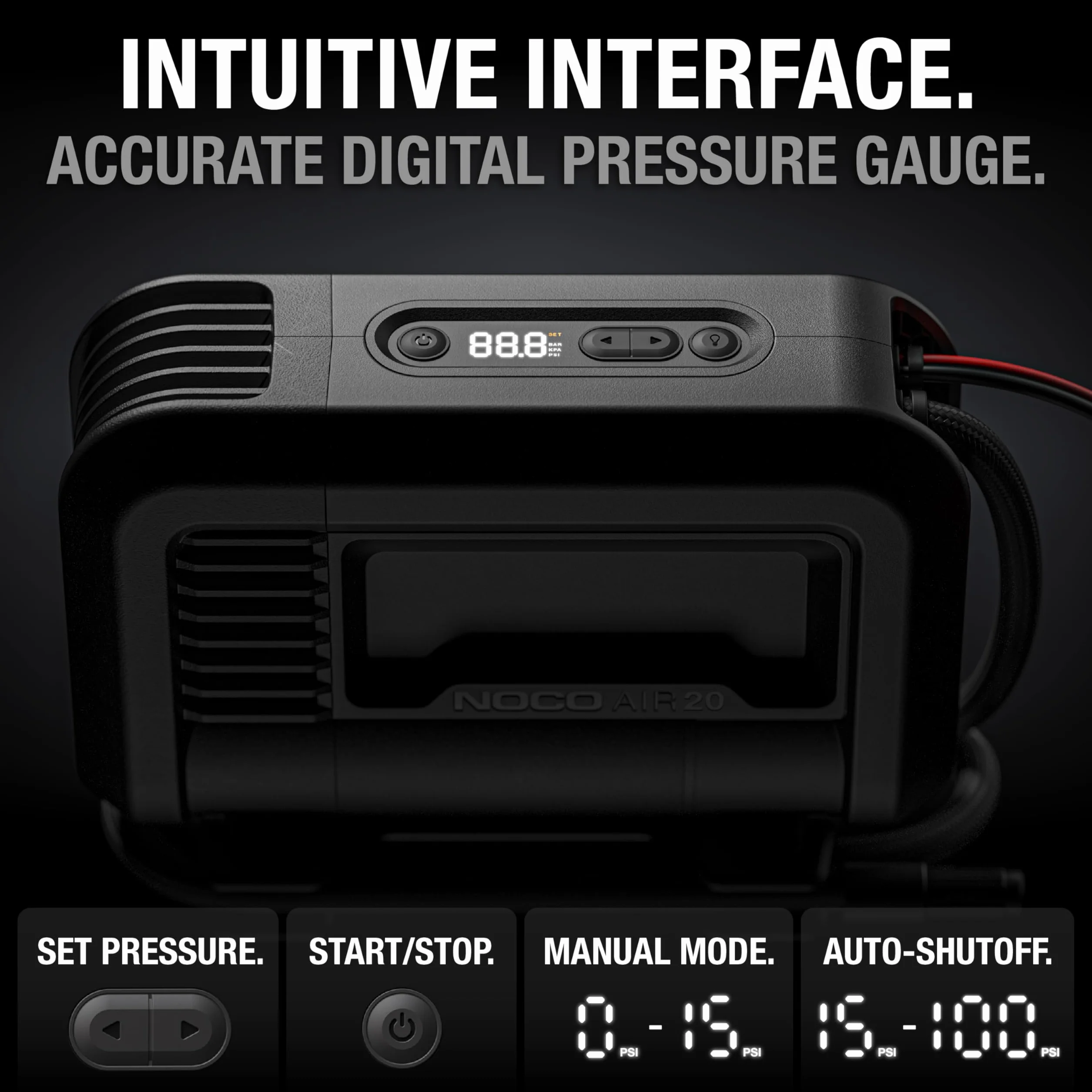 NOCO AIR20: Gonfiatore per Pneumatici da 20A – Compressore d’Aria Portatile 12V – Portata 47 SLPM, da 0 a 40 PSI in 2,5 Minuti – Manometro Digitale + Spegnimento Automatico