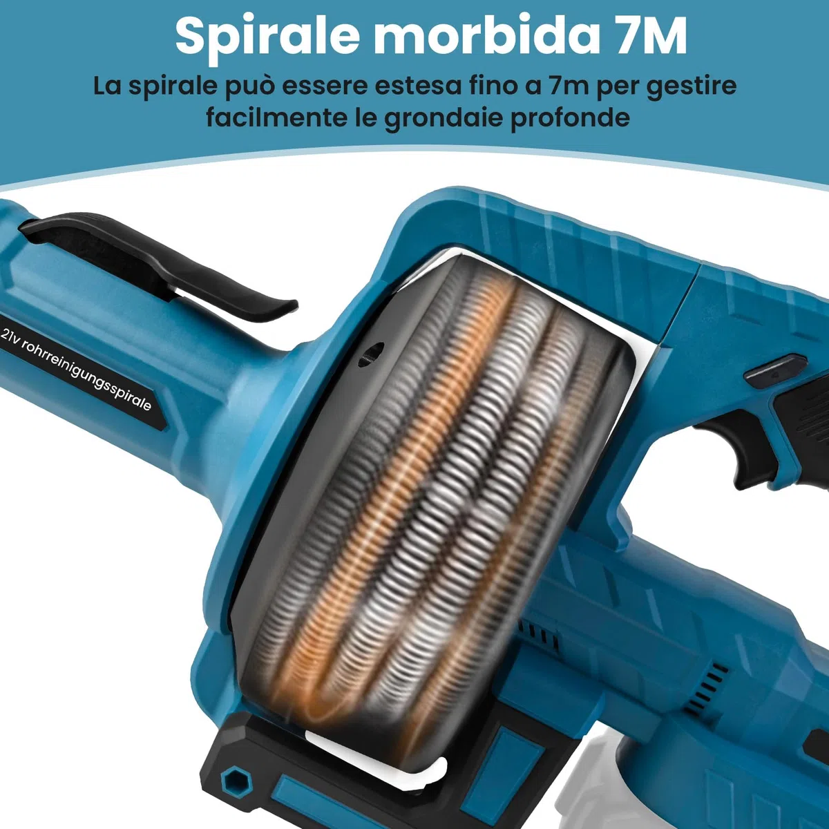 VKE 21V Sturatubi Elettrico, 24FT Sonda Sturatubi, Adatta per Tubi da 20-75 mm, Pulitore di scarico senza fili per fognature, Bagni, WC (Caricabatteria non Incluso)