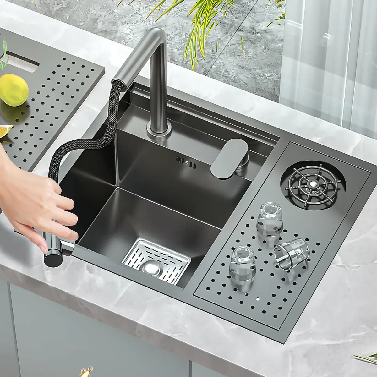 Lavello da cucina nero opaco 55 x 45 cm in acciaio inox con estraibile Fau & lavaggio tazza perfetto per arredamento moderno e cucine slish