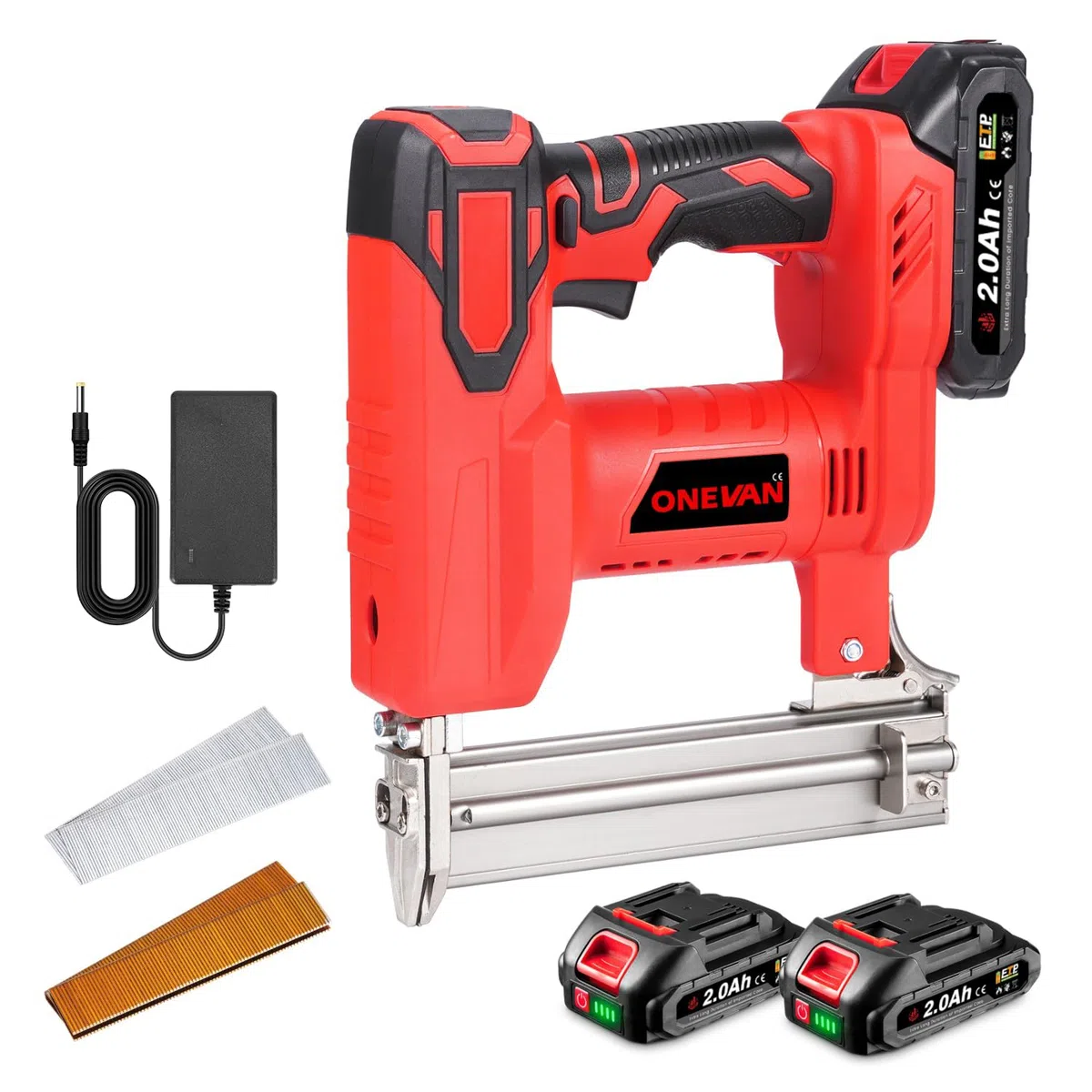 ONEVAN Tacker elettrico a batteria e pistola per unghie, 2 in 1 e chiodatrice a batteria con 2 batterie da 2000 mAh, 80 chiodi/min, per legno, con 100 chiodi da 30 mm e 100 graffette da 22 mm