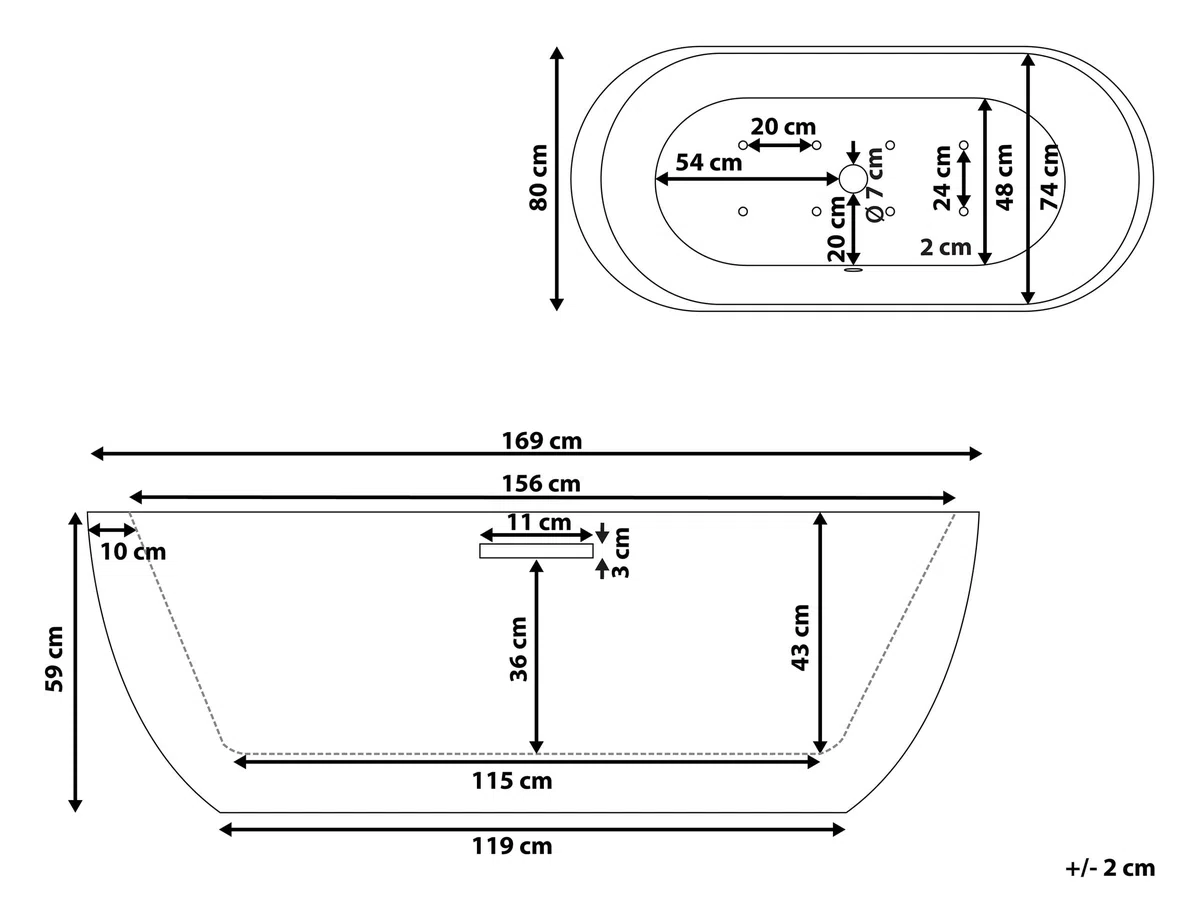 Vasca da Bagno Freestanding Idromassaggio con Luci LED Bianca 170 cm