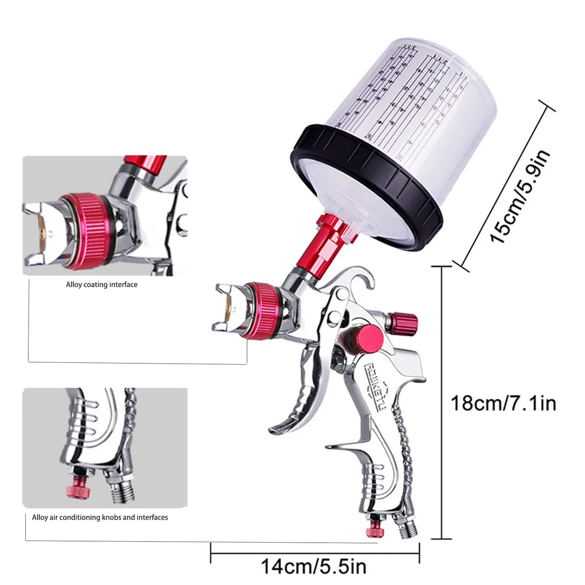 Pistola per Verniciare Pneumatica con 10 Tazze Colorate - Pistola a Spruzzo per Verniciare per Carrozzeria Auto, Kit Completo con 3 Ugelli e Manometro (Rosso)