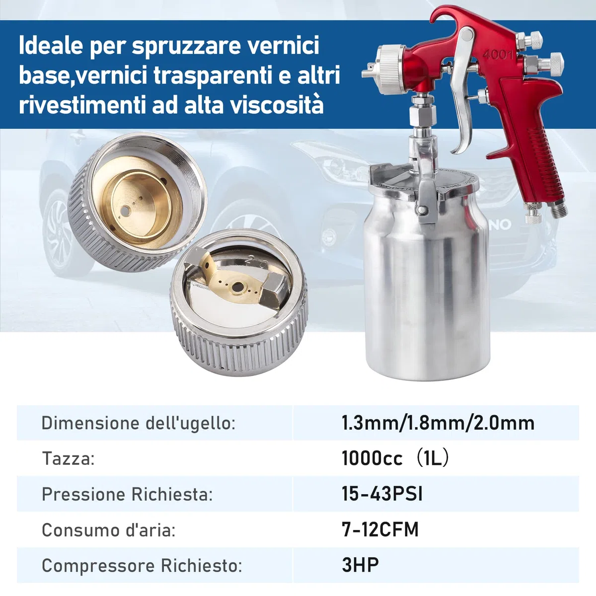 CarBole Pistola a Spruzzo a Aspirazione: Sistema Professionale a Spruzzo d'aria per Camion, Recinzione di Mobili, 1000 cc, Tazze di Vernice con Ugello da 1,3 mm, 1,8 mm, 2,0 mm (Rosso)