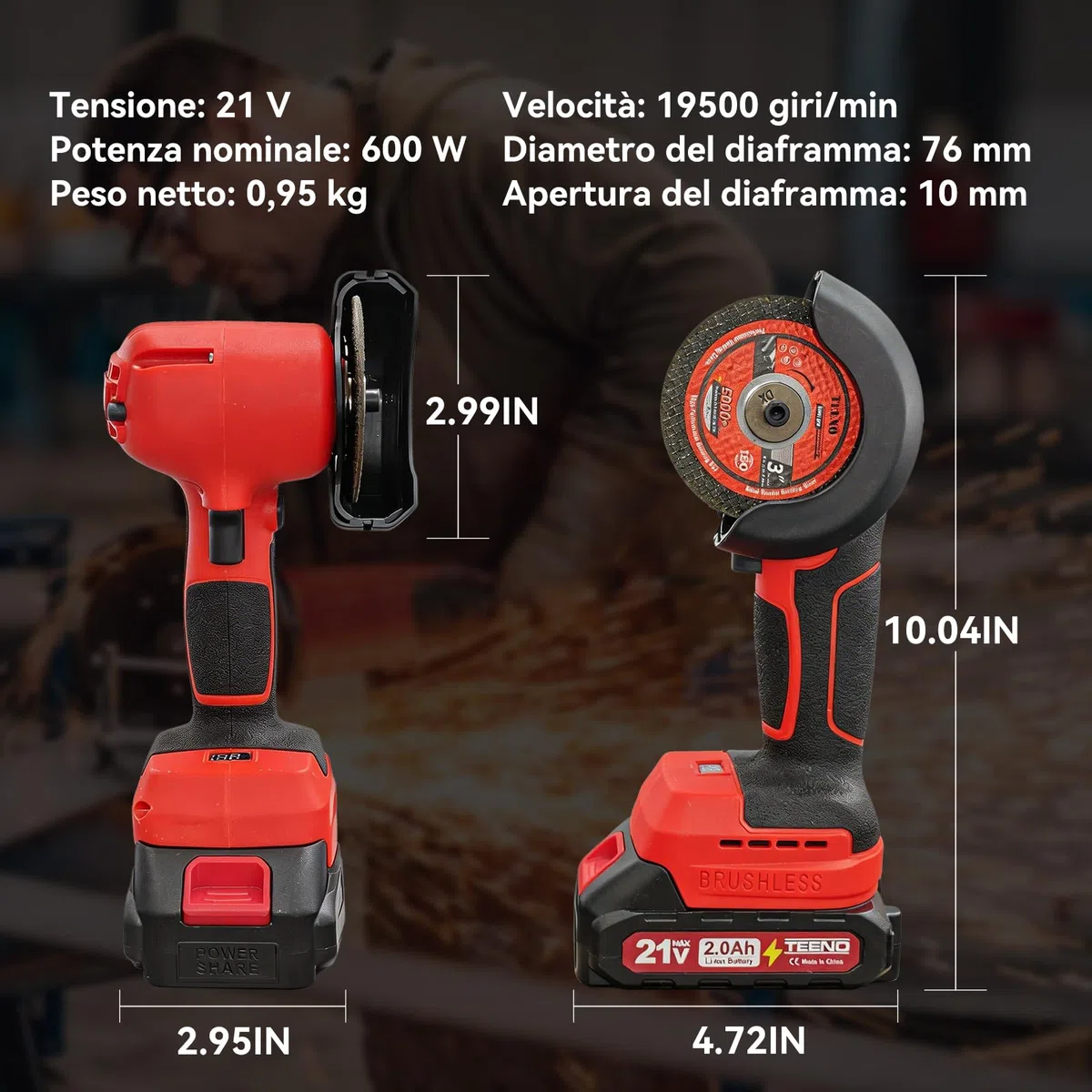 Smerigliatrice angolare TEENO 21V con spazzole, 19500 giri/min, dotata di 2 batterie da 2000 mAh e 6 dischi abrasivi, utensile elettrico per taglio adatto per metallo, legno e piastrelle