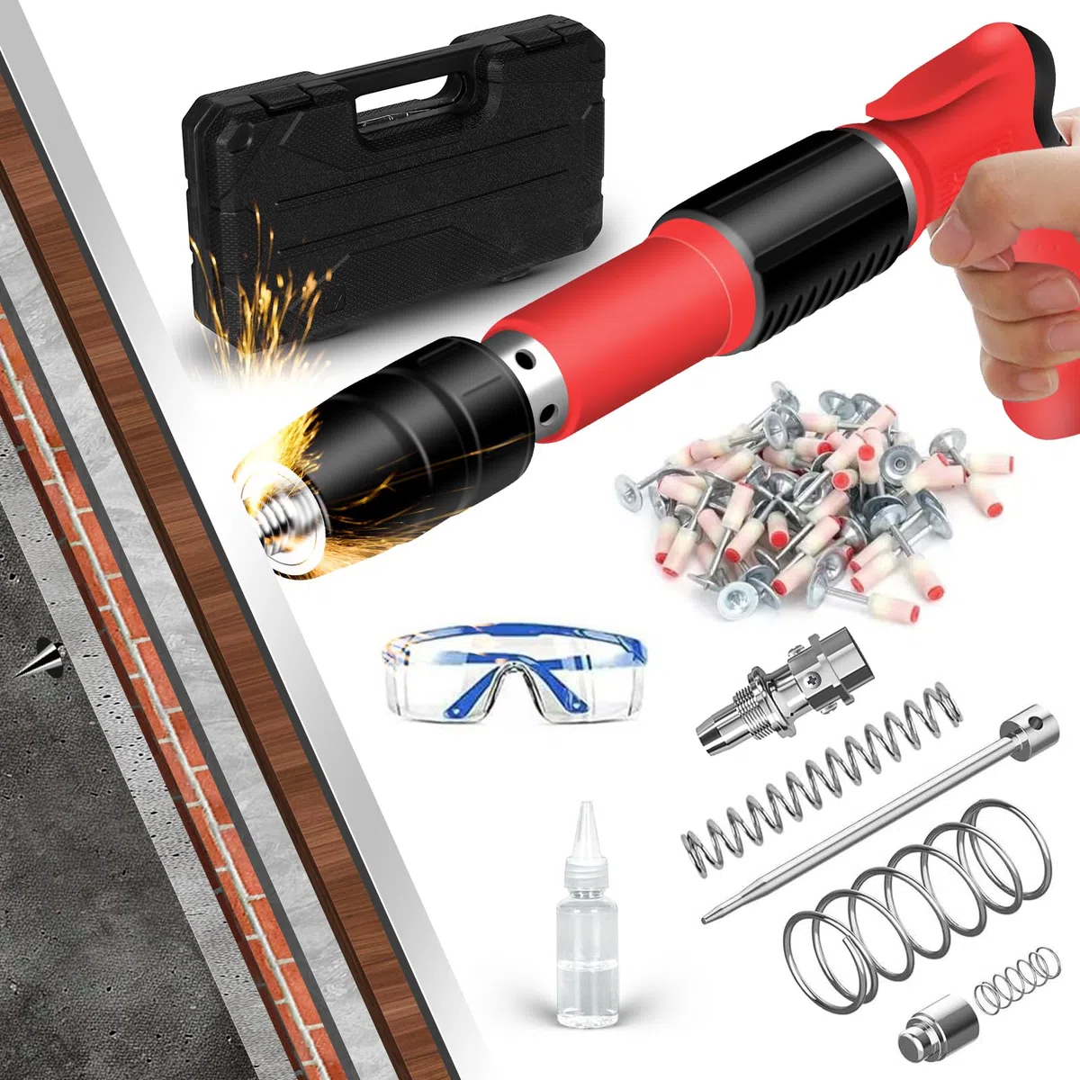 Sparachiodi Pistola Sparachiodi con 100 Chiodi Tondi, Mini Sparachiodi Manuale per Cemento e Ferro Attrezzo per Rivettare le Pareti, Portatile Nail Gun con Occhiali di Protezione, per Fissare Chiodi