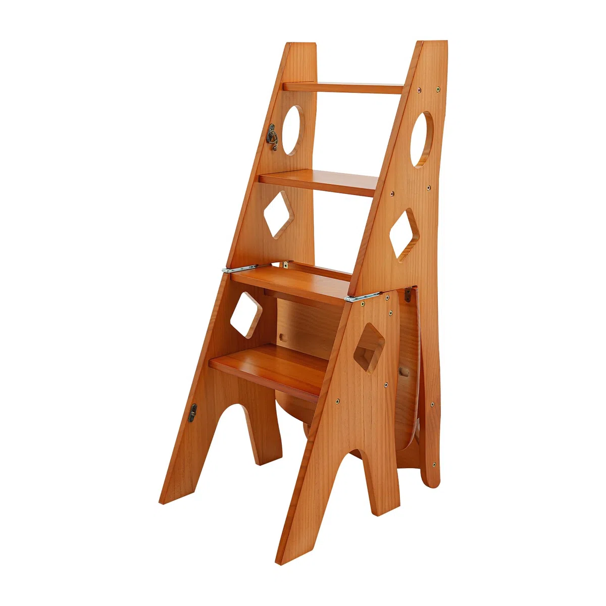 Sgabello pieghevole a 4 livelli, in legno, trasformabile, scaletta e sedia per scale, multifunzione, portata 100 kg, utilizzato per interni ed esterni (caramello)