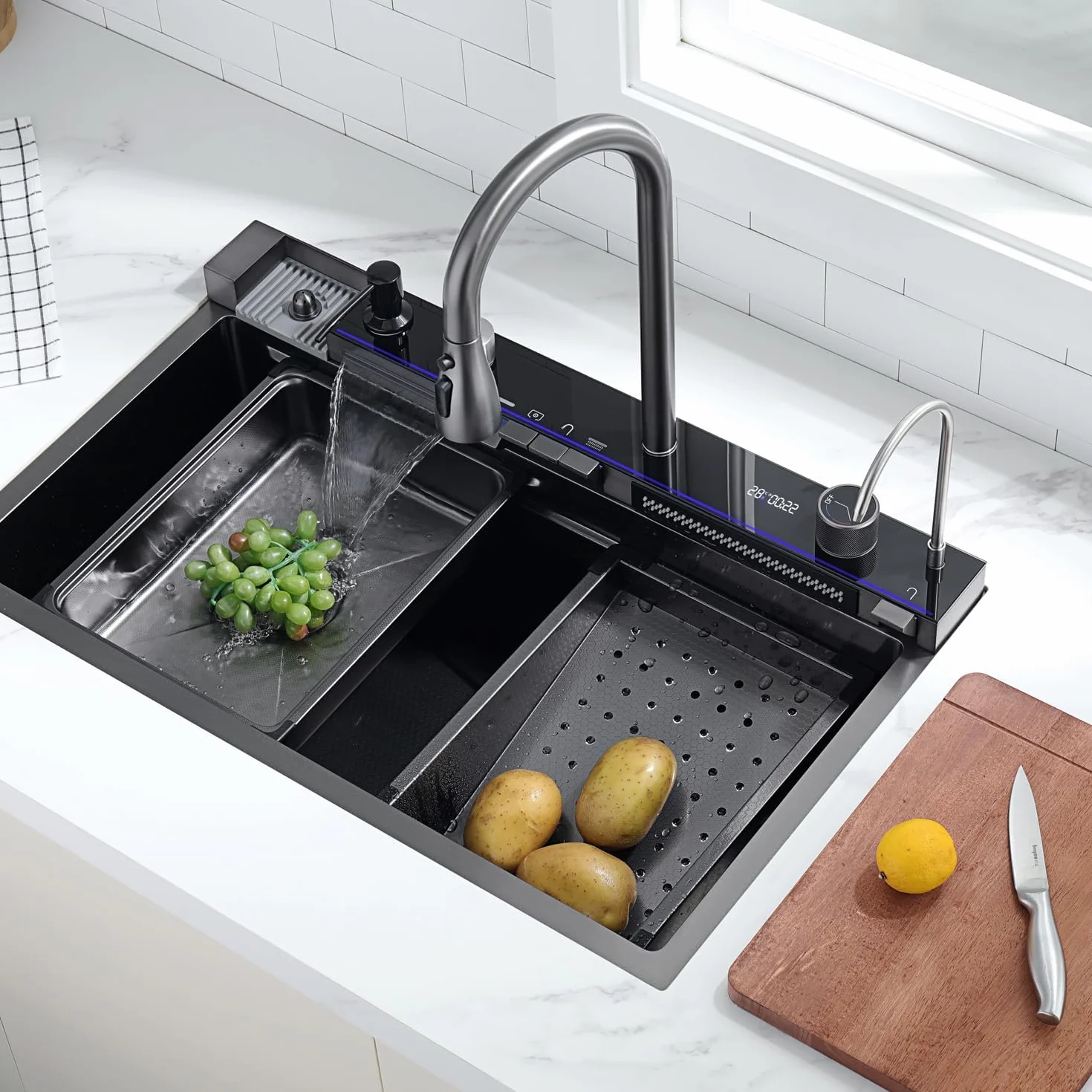 Lavello da cucina, in acciaio inox T304, lavello da cucina multifunzionale, lavandino a cascata, da incasso, con rubinetto digitale multifunzionale, vari accessori (80 x 45 cm)
