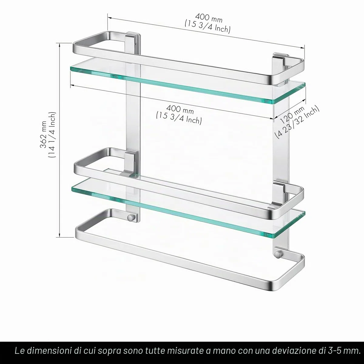 KES Mensola Bagno Vetro con Portasciugamani, Mensola Vetro Temperato 8MM di Spessore, 2-Livelli Mensola con Porta Asciugamani da Parete Alluminio Argento, A4127B