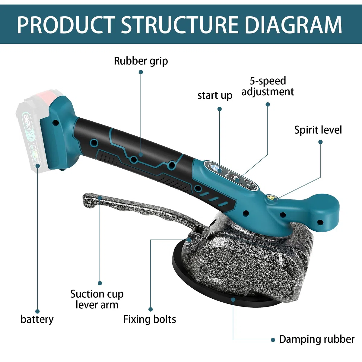 Vibratore Per Piastrelle Compatibile Con Makita 18 V, Vibratore Per Piastrelle Con Ventosa Da 4,7", 5 Marce, Velocità Regolabile, Capacità Di 60 Kg, Adatto Per 39 X 39 Pollici E Inferiori