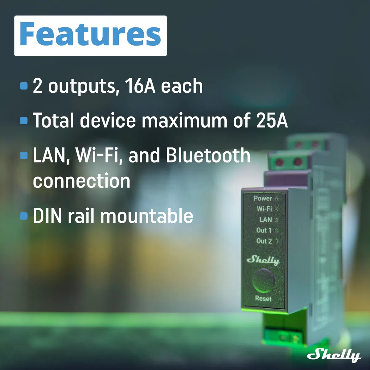 Shelly Pro 2, Wi-Fi & LAN Interruttore Intelligente Relé Bifase - 2 Canali, 25А, Contatto Pulito, Controllo Remoto e Automazione, per Guida DIN, Nessun Hub Richiesto, Alexa, Google Home