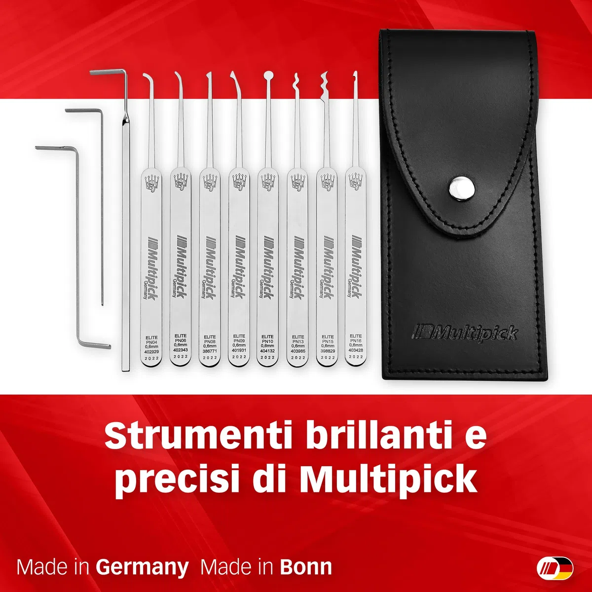 MULTIPICK ELITE 11 Lockpicking Set [11 parti | 0,6 mm] Grimaldelli per Serratura - Kit Grimaldelli - Apri lucchetto - Kit Scassinatore incl. tenditore - Grimaldello & Grimaldelli