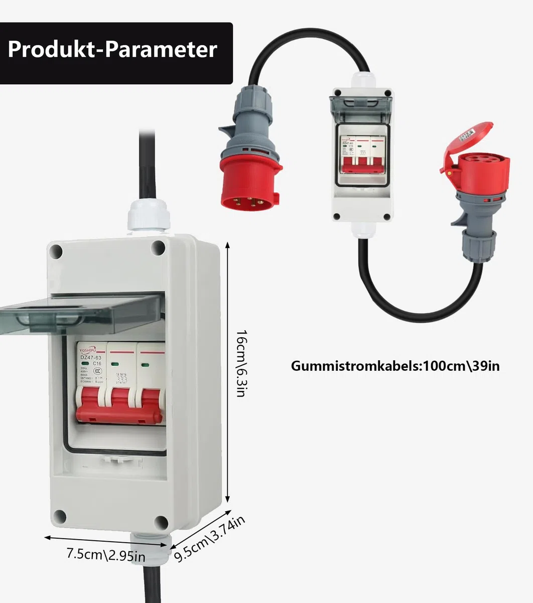 Pesante Adattatore CEE 32A a 16A nterruttore automatico, cavo di prolunga di accoppiamento a 5pin 400V in rame puro, IP44, adattatore CEE 16a per roulotte, camper, cantieri edili