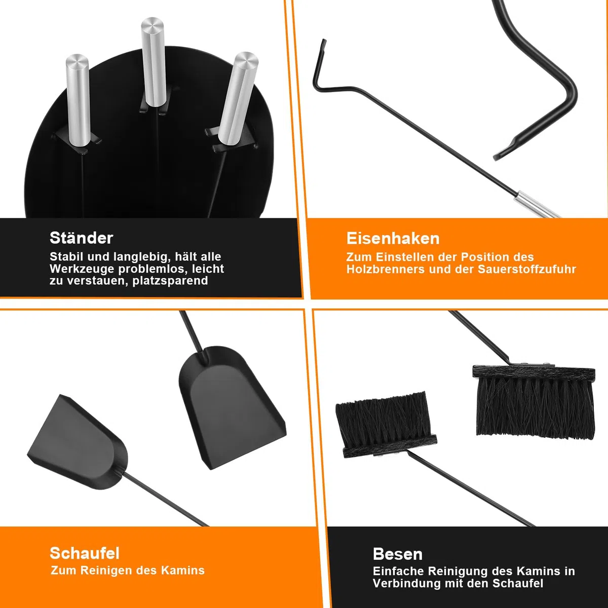 Set di posate per camino, 4 Pezzi, Set di posate per camino, con scopa, pala, gancio in ferro, supporto, Attrezzi per camino con manici in acciaio inox, Attrezzi Camino Moderni