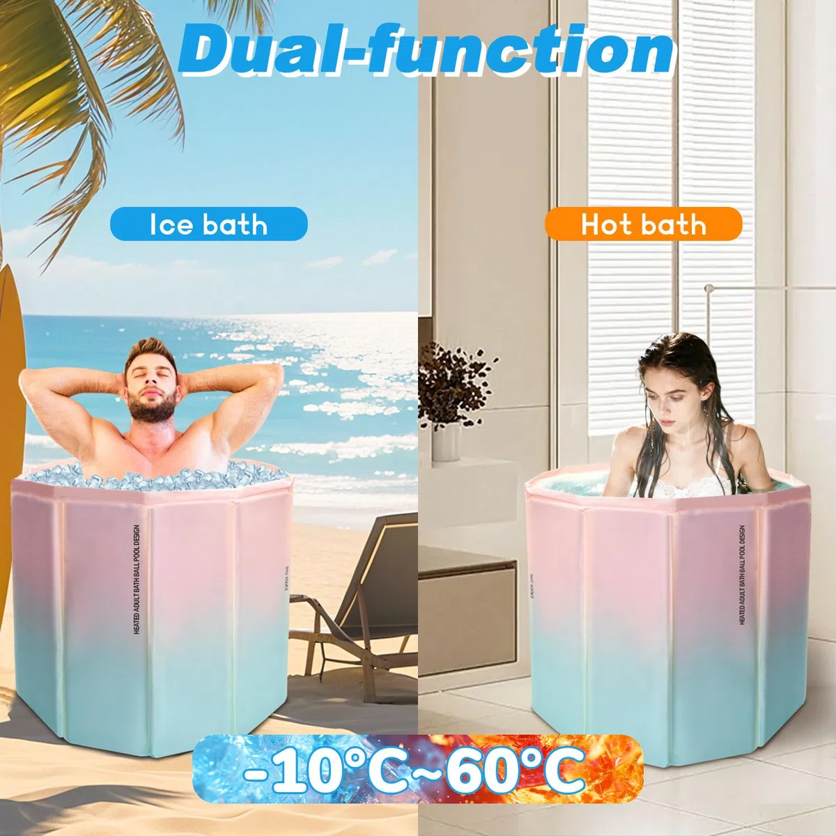 Vasca da Bagno Pieghevole Portatile per Adulti, Vasca Ghiaccio Crioterapia, Vasca da Bagno Indipendente per Docce Calde e Fredde, Include Cuscino, Tubo di Scarico, 70*65CM, Rosa Verde