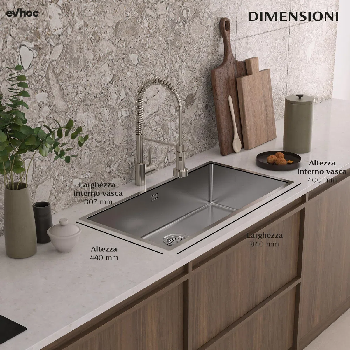 EVHOC Lavello Cucina Sopratop 1 Vasca 84x44 cm, Lavandino in Acciaio Inox Vasca Unica con Finitura Satinata, Piletta e Sifoni Inclusi, Made in Italy, LUMIUM XXL