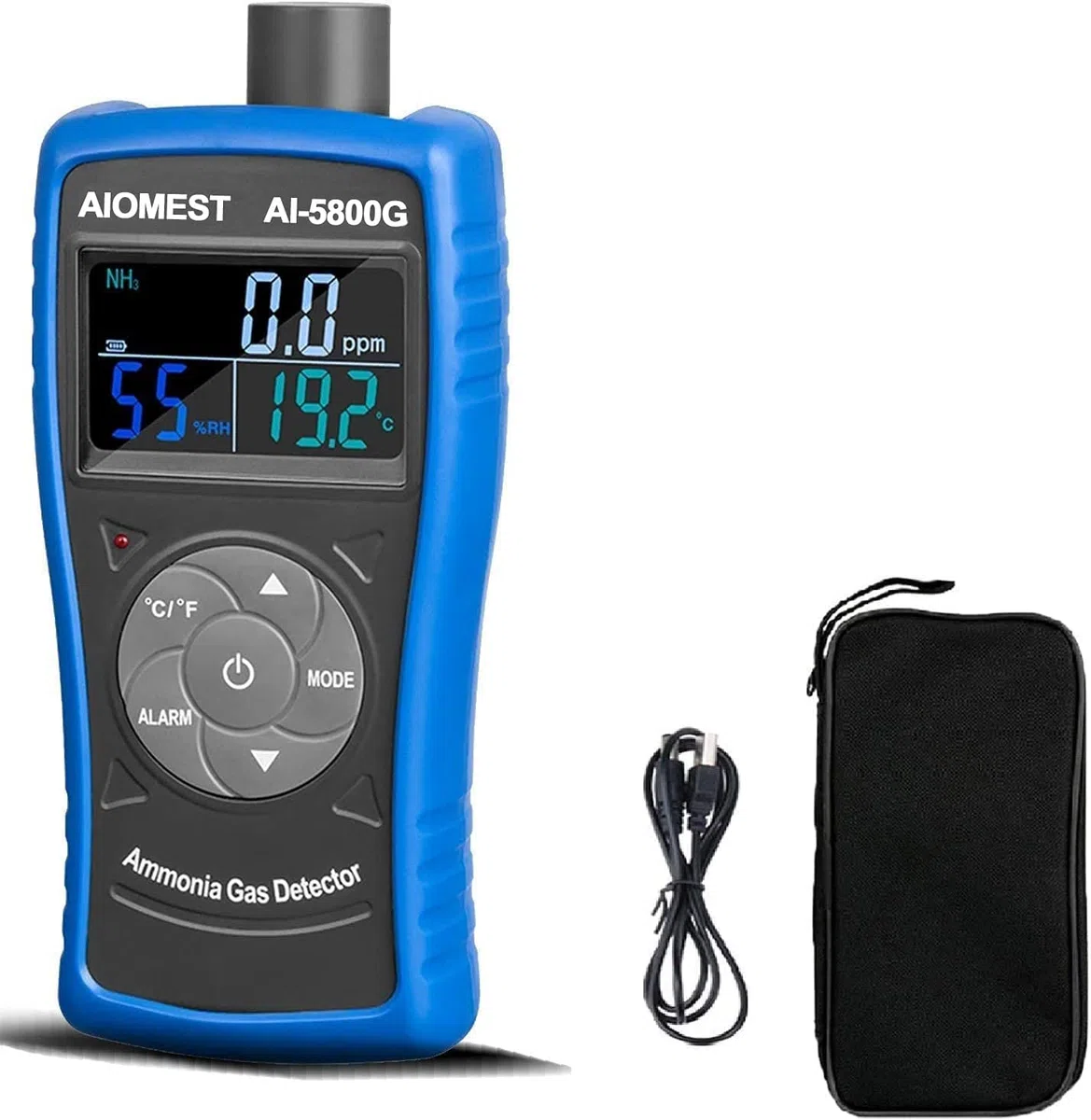 Rilevatore Gas Ammoniaca AIOMEST AI-5800G con Allarme | Misuratore 0-100 ppm Amoniaca, Umidità e Temperatura | per Pollai, Cantina e Ambienti Industriali