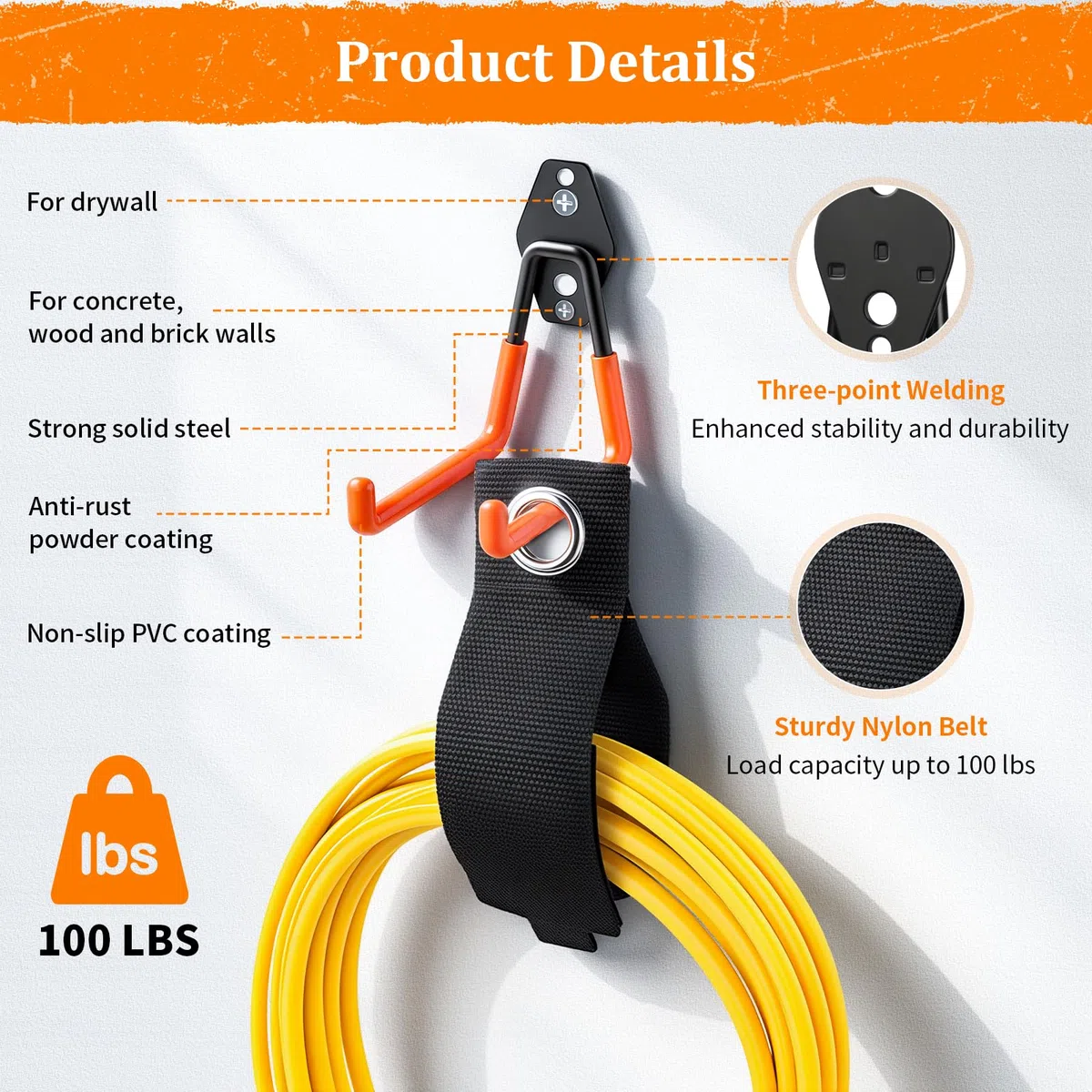 Housolution Ganci per Garage in Acciaio, 30 Pz Rivestimento Antiscivolo, Ganci a Parete per Bici, Strumenti Giardino, Scale, Tubi, Corde, Organizzatore con Avvolgicavo Extensibile, Arancione