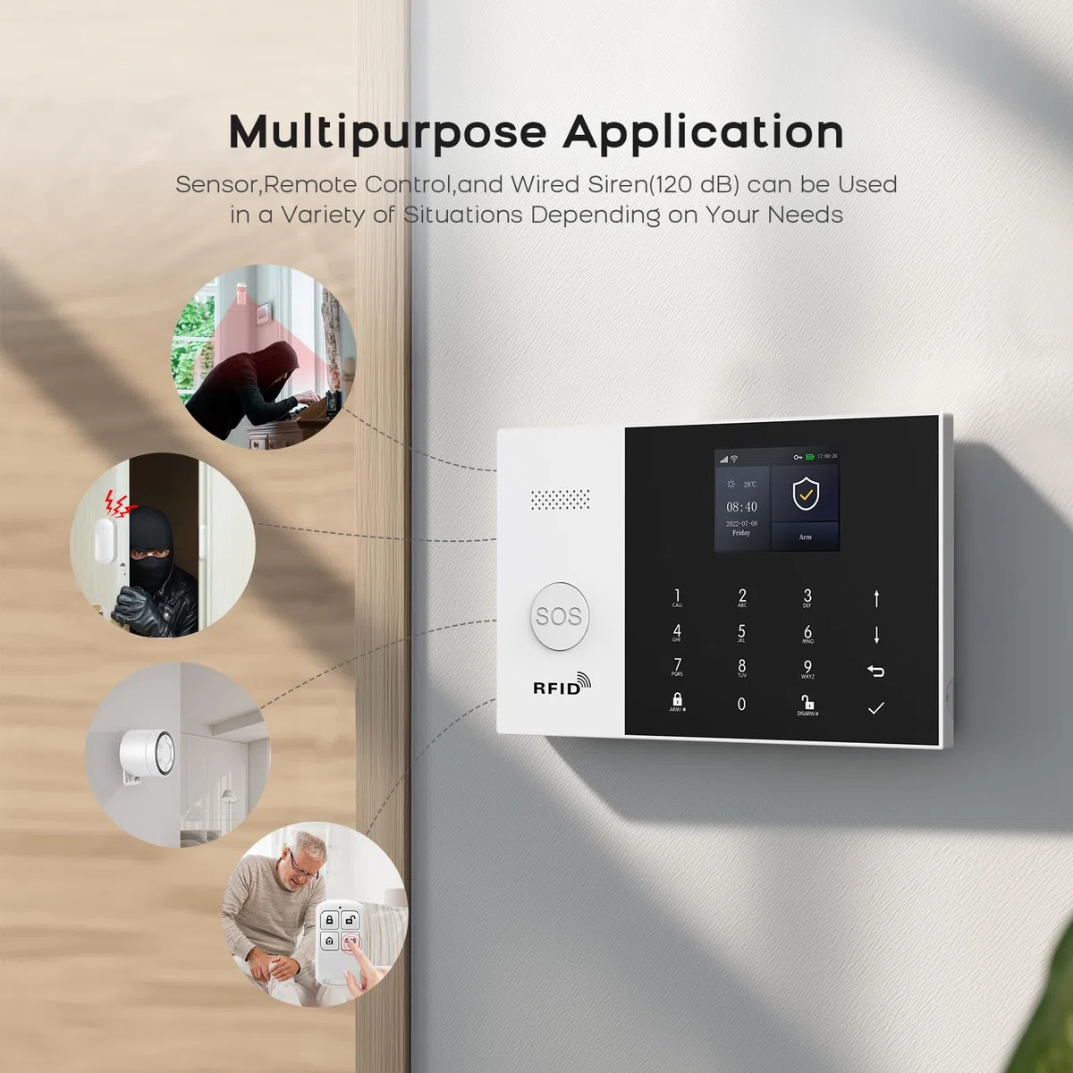 Sistema di Allarme GSM/WiFi con Sirena di Allarme da 120 dB, Telecomando Intelligente, display LCD, Annuncio vocale, Sicurezza per casa, ufficio