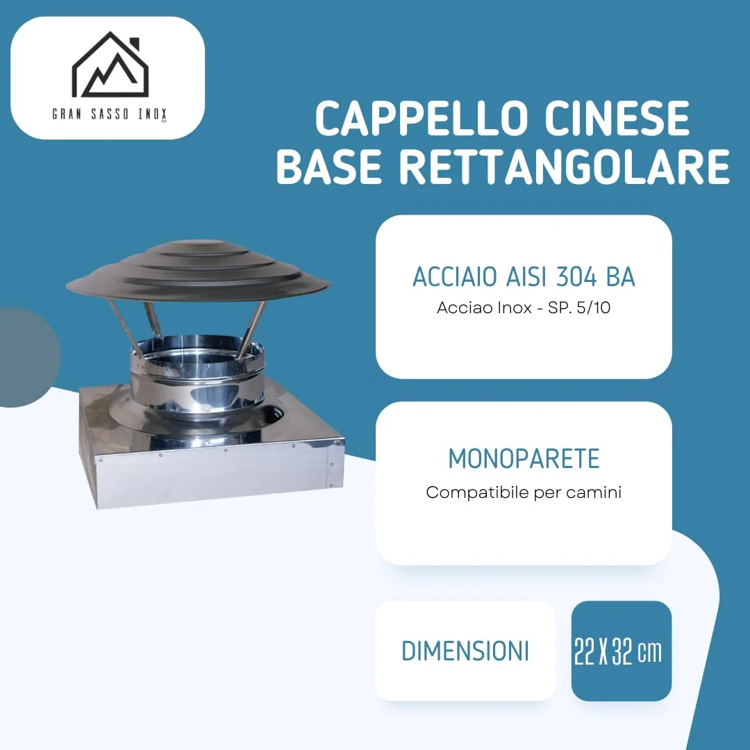 Comignolo Cinese a Base Rettangolare in Acciaio Inox AISI 304 BA SP. 5/10 per Camini (22x32 cm)